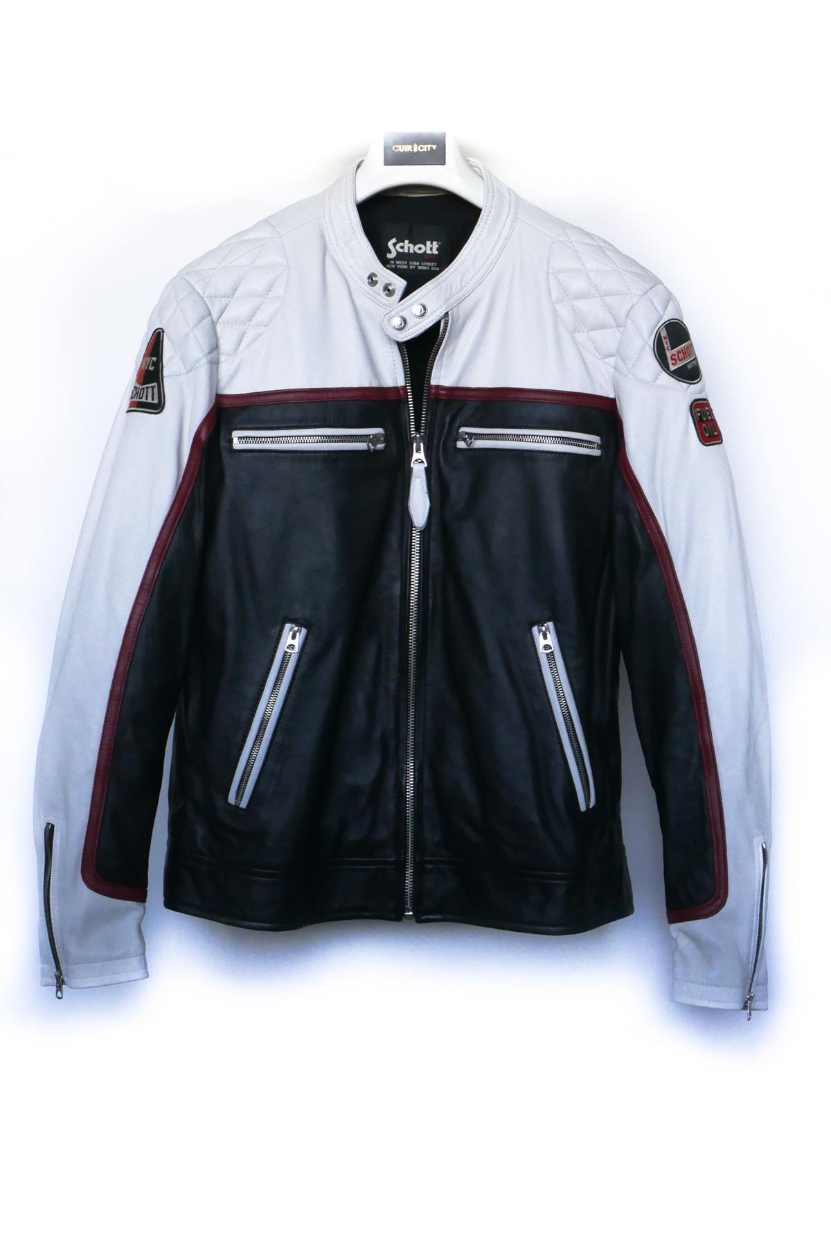 Men's black and white biker-style leather jacket - Image n°1