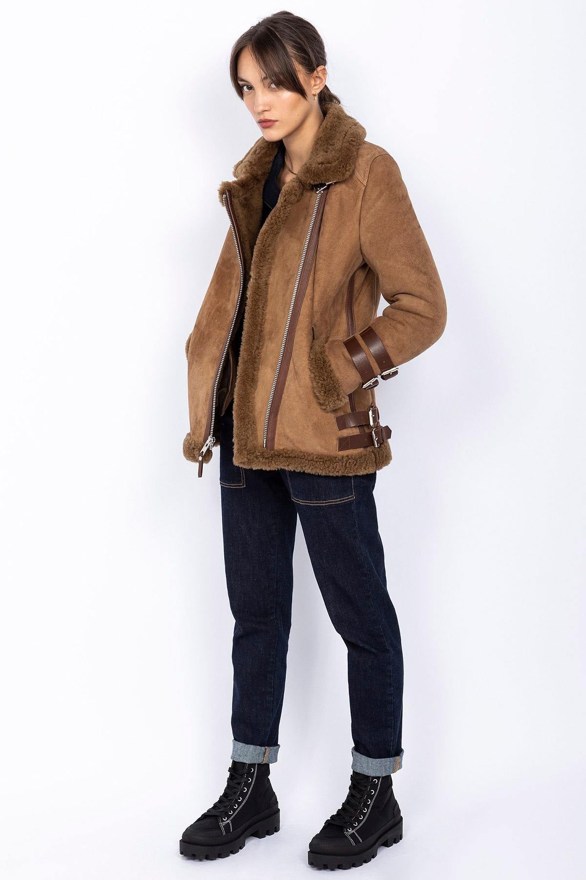 Mid-length suede effect bomber coat - Image n°3