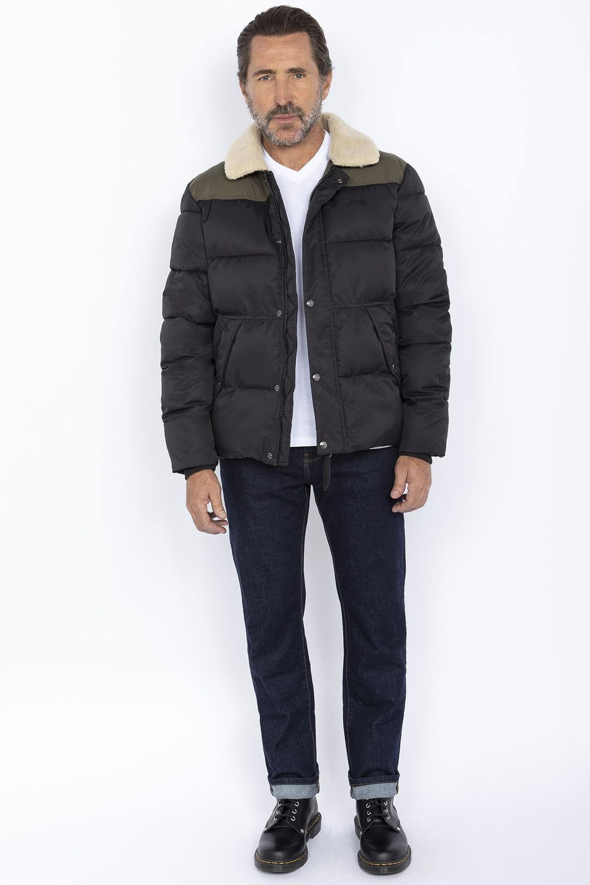 Black and khaki down jacket with sherpa collar - Image n°2