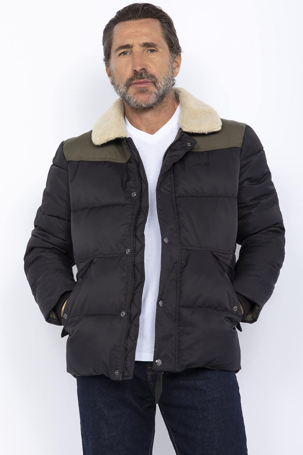 Black and khaki down jacket with sherpa collar - Image n°3