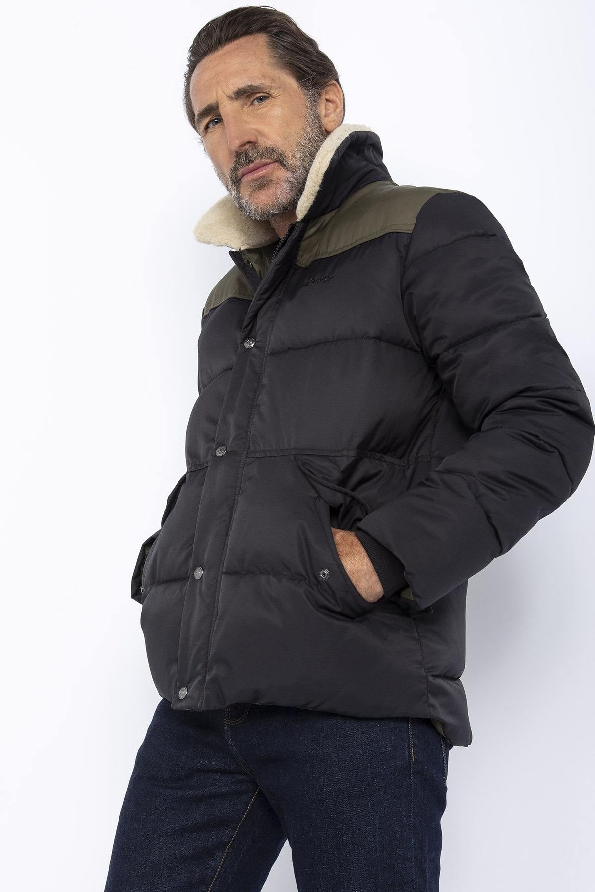 Black and khaki down jacket with sherpa collar - Image n°1