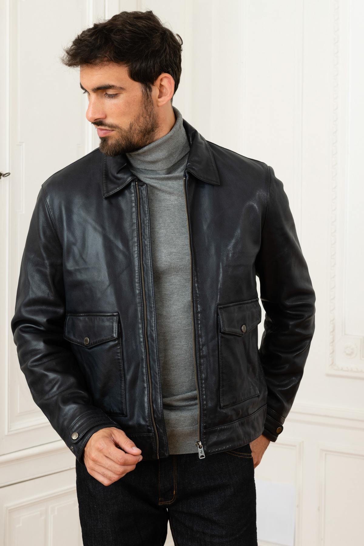 Dark Blue Genuine Leather Jacket - Image n°1