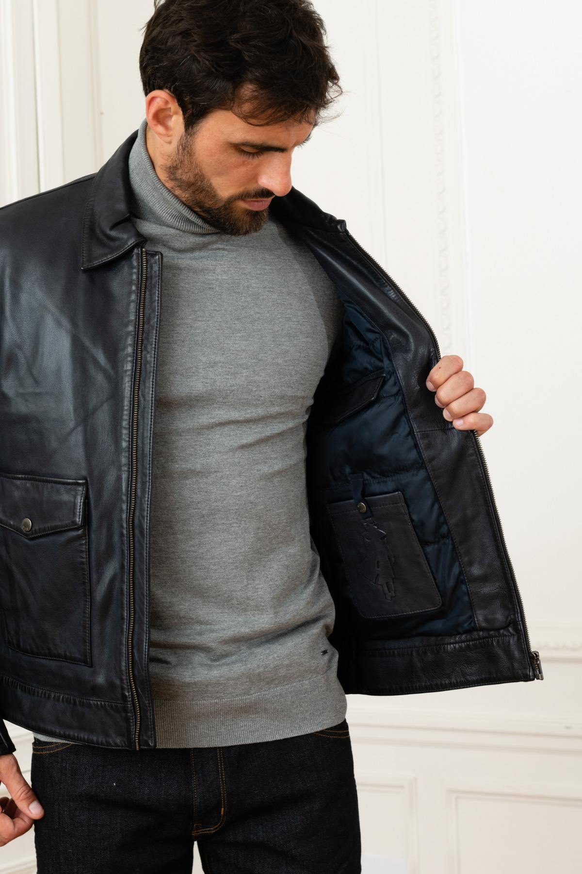 Dark Blue Genuine Leather Jacket - Image n°5