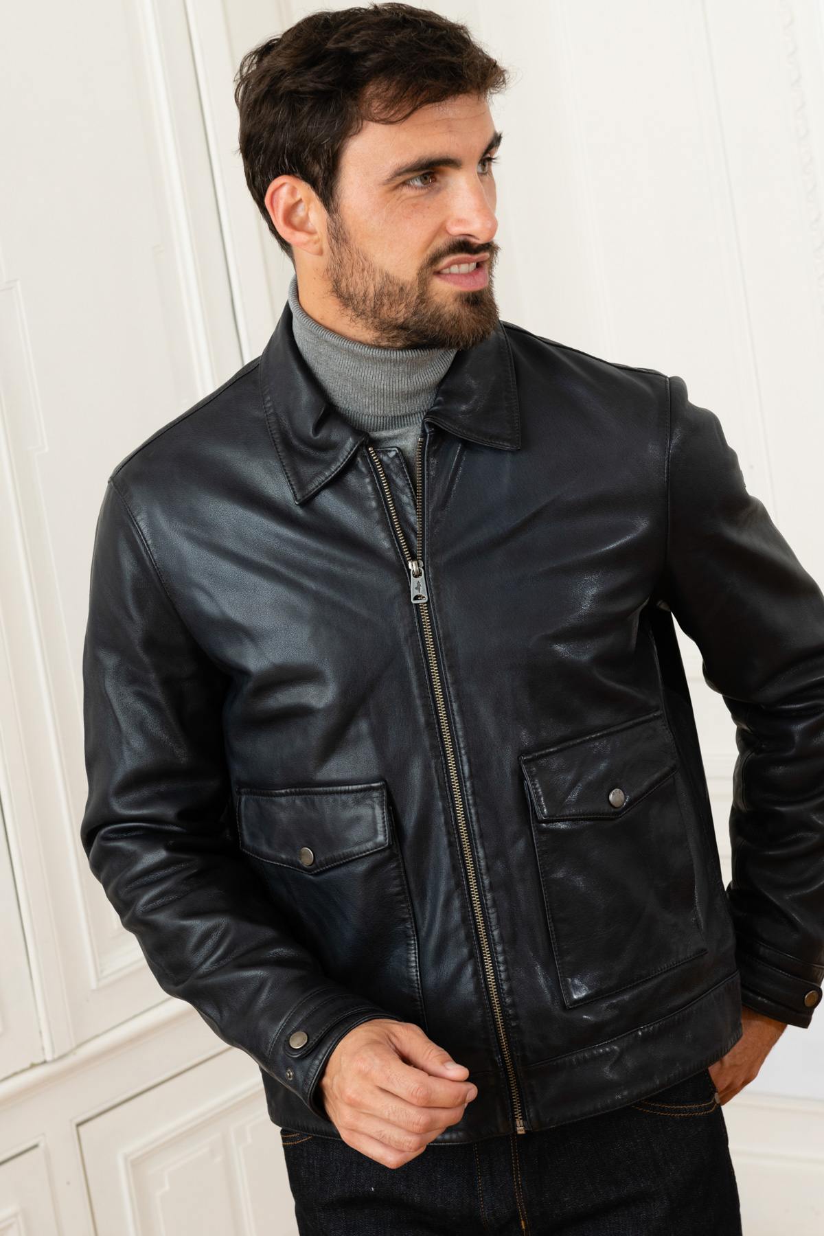 Dark Blue Genuine Leather Jacket - Image n°3