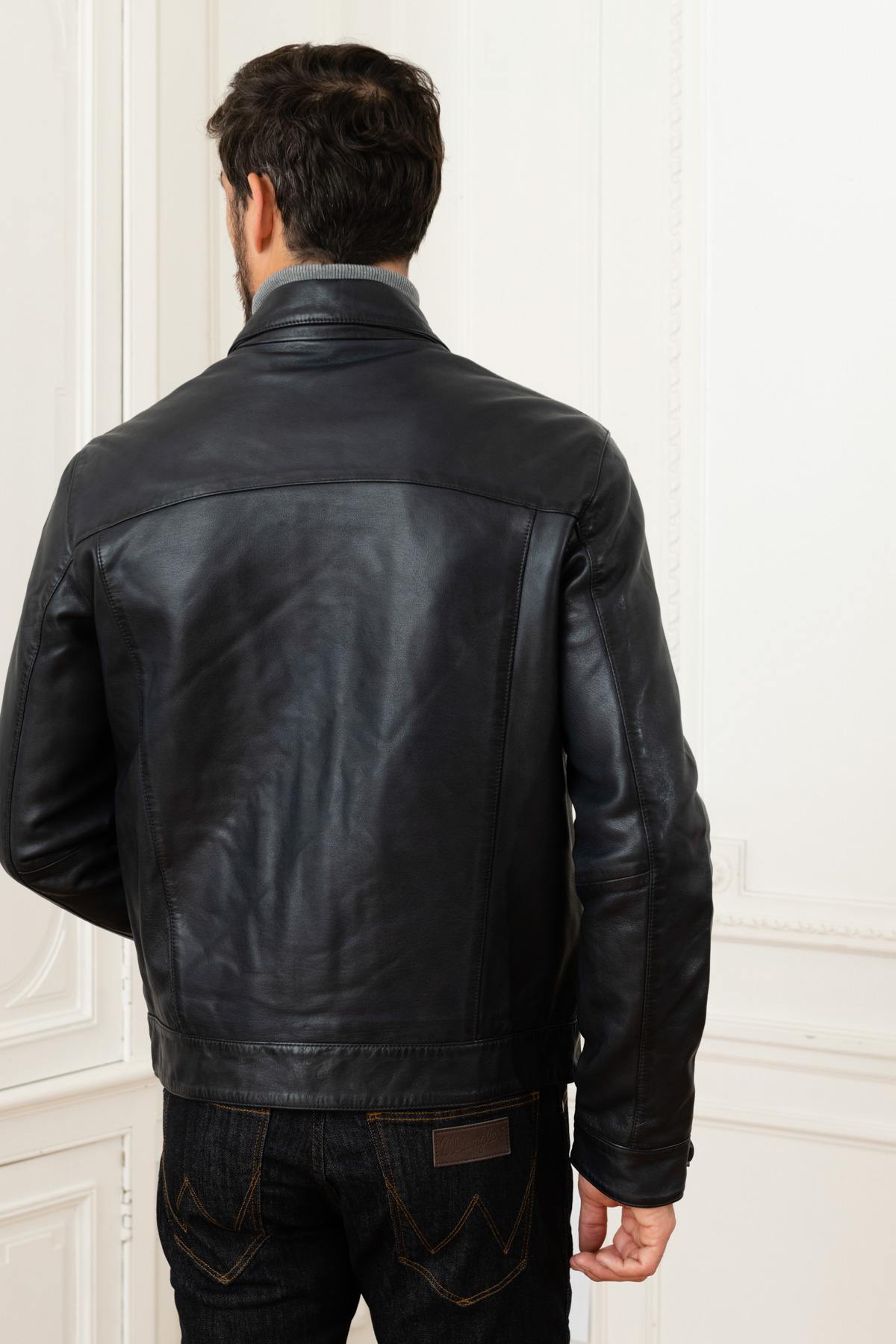 Dark Blue Genuine Leather Jacket - Image n°4