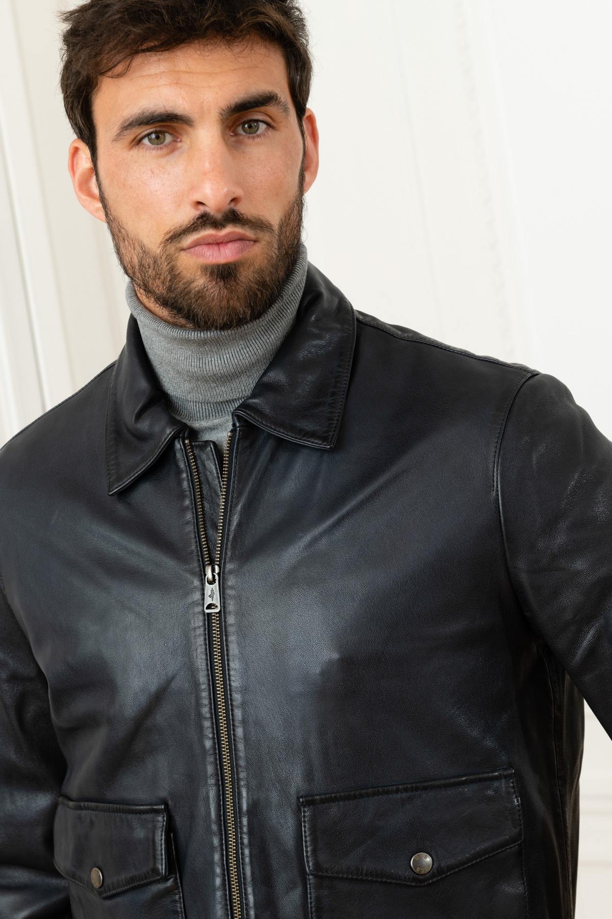 Dark Blue Genuine Leather Jacket - Image n°6