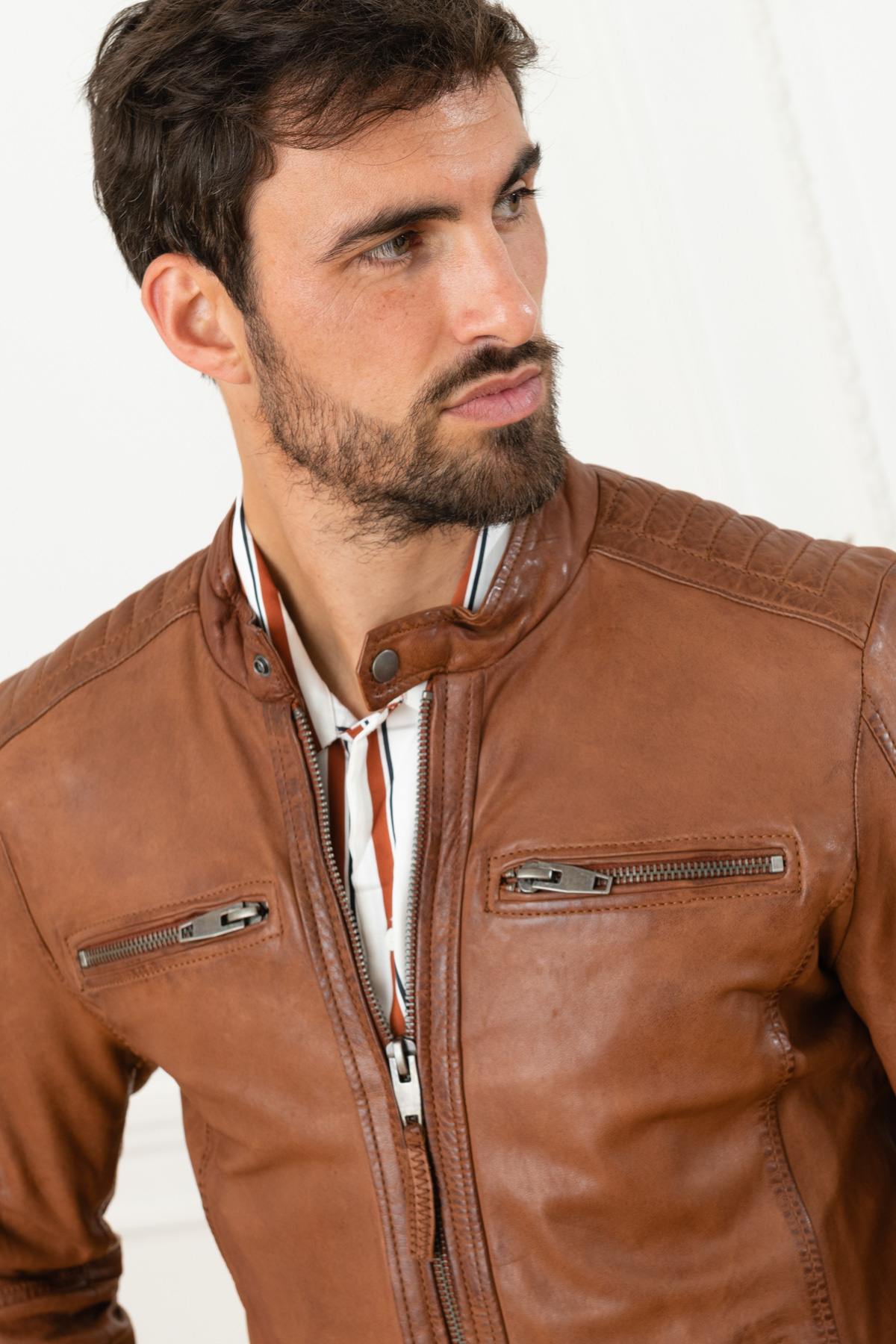 Men's light brown leather jacket - Image n°6