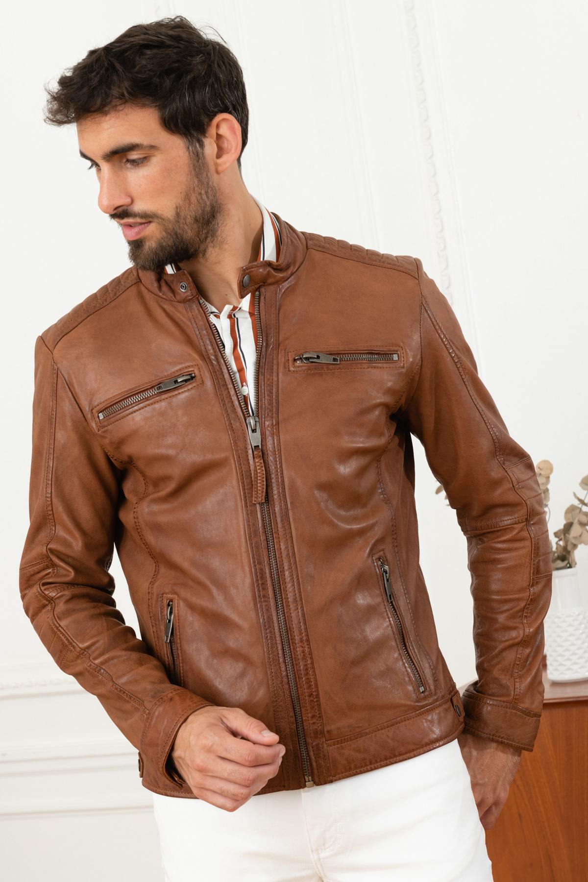 Men's light brown leather jacket - Image n°3