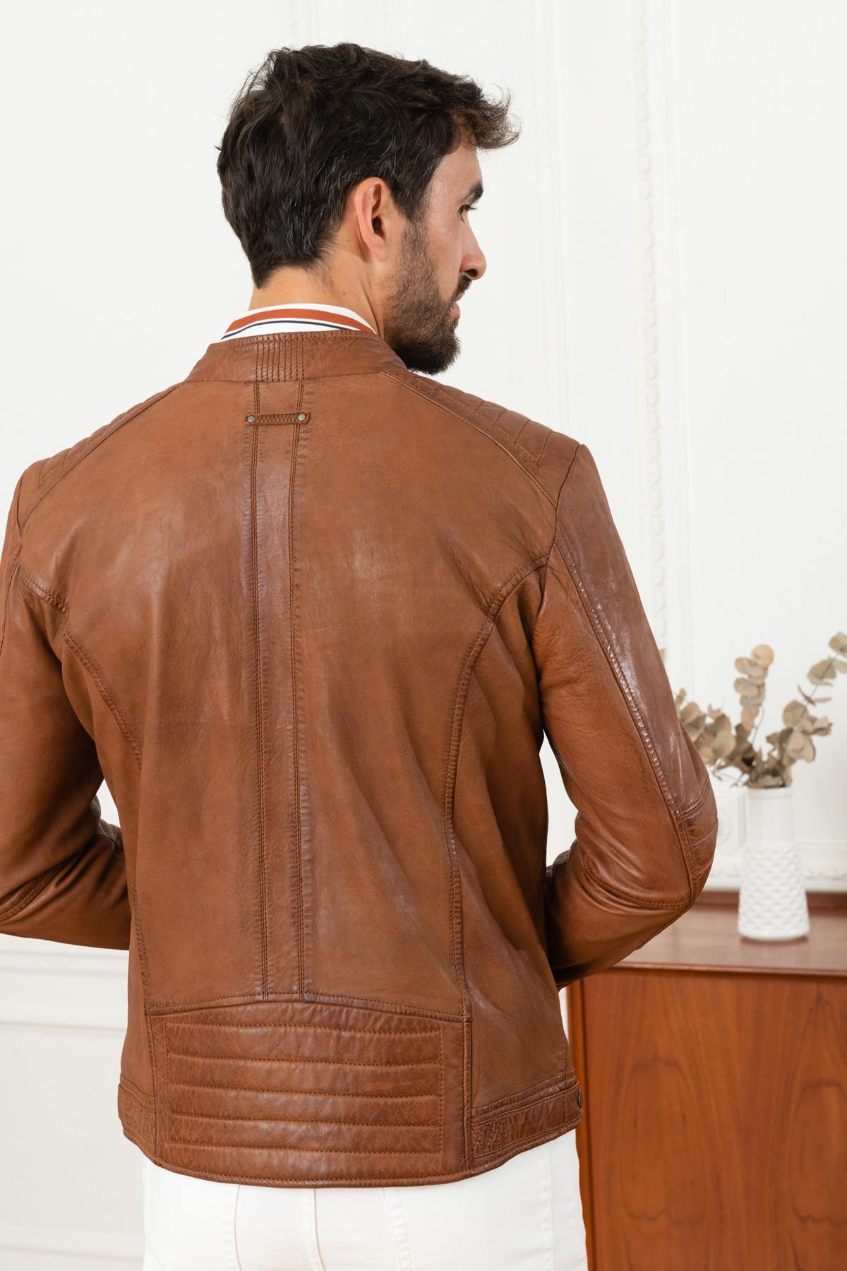 Men's light brown leather jacket - Image n°5