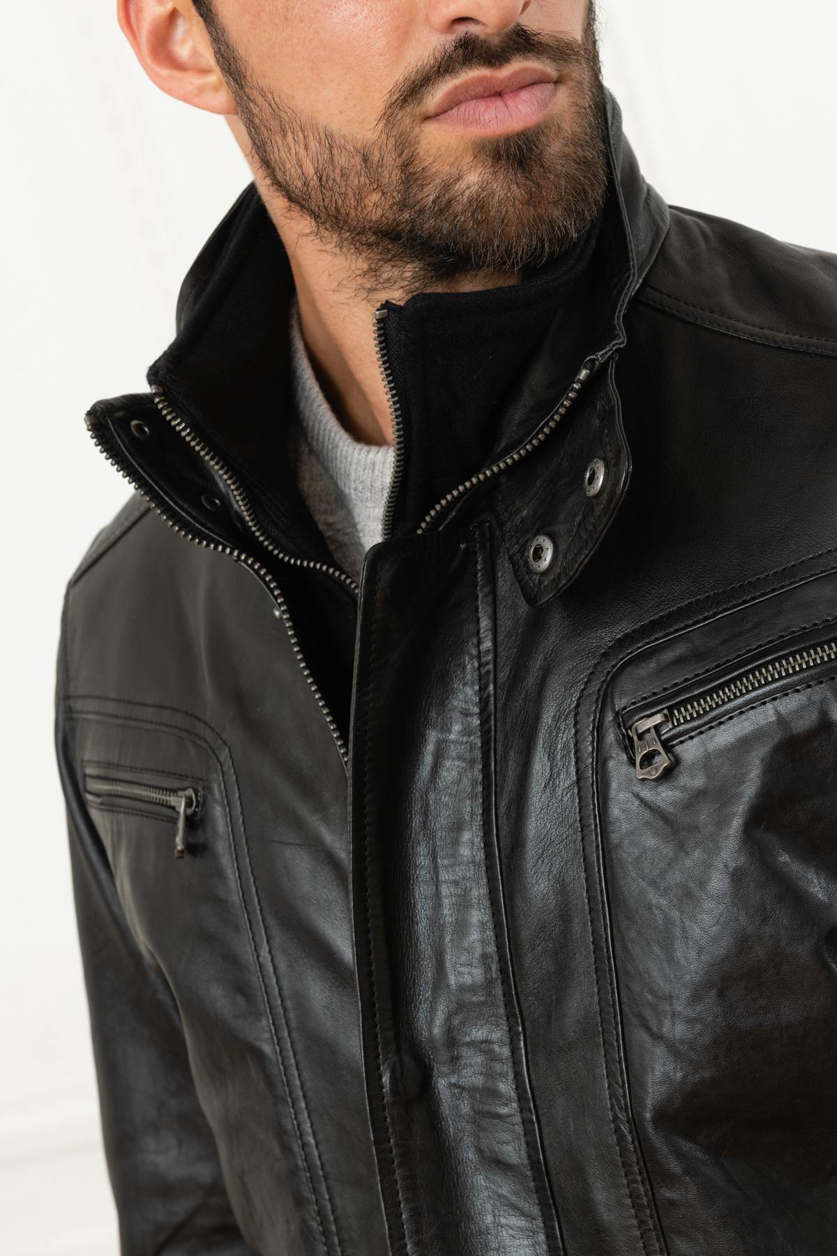 Black lambskin leather jacket with facing - Image n°7