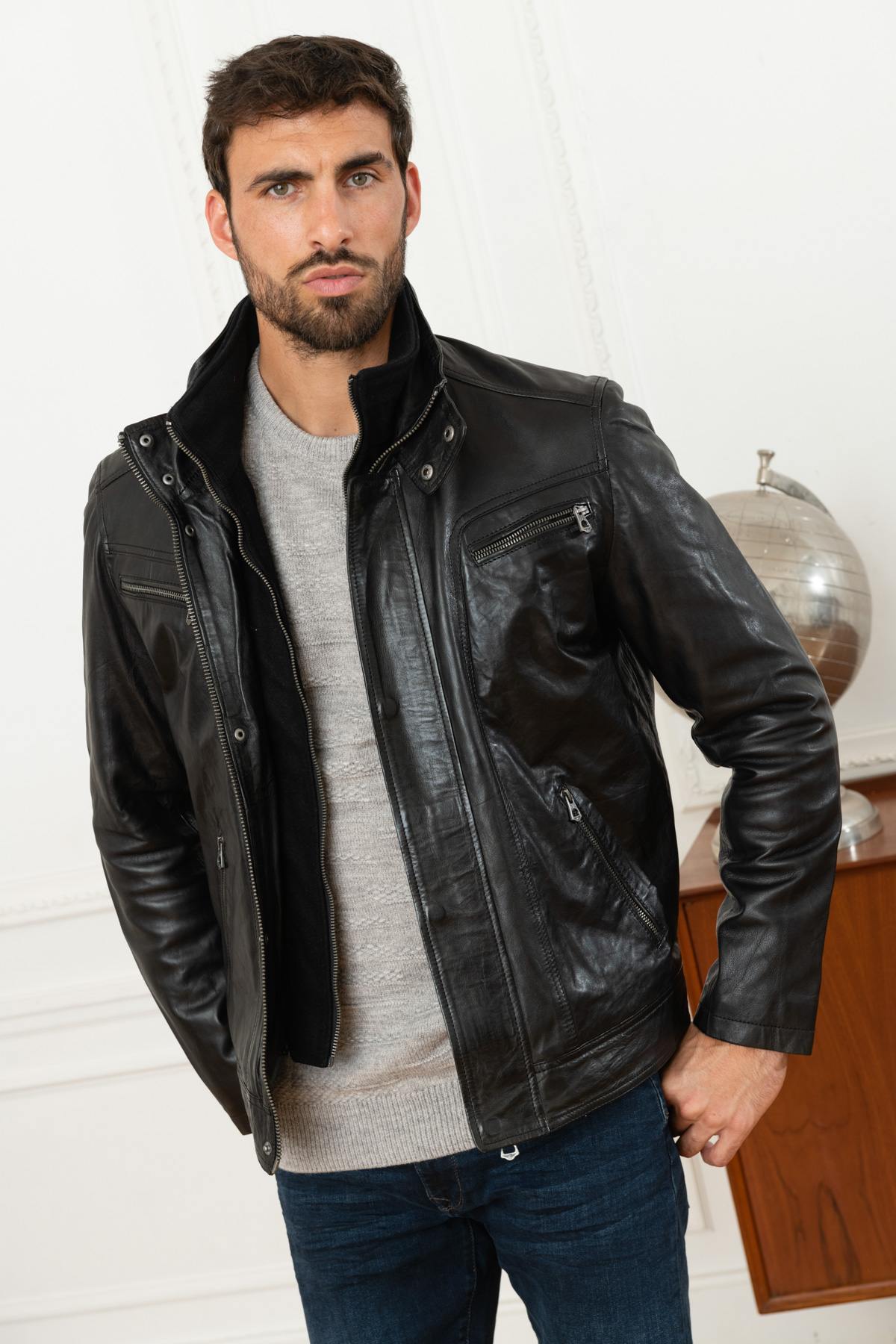 Black lambskin leather jacket with facing - Image n°4