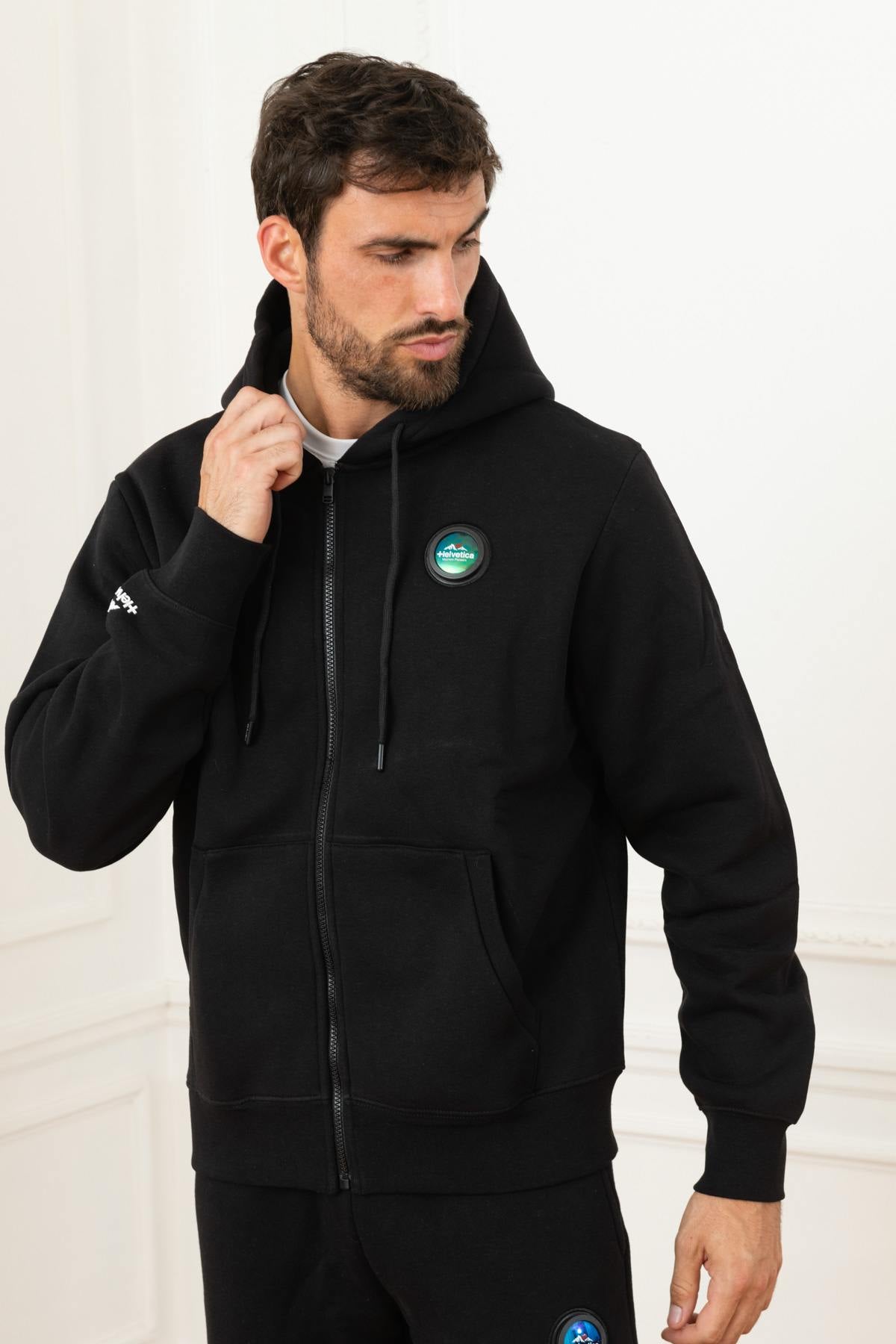 Black track jacket with hood - Image n°1