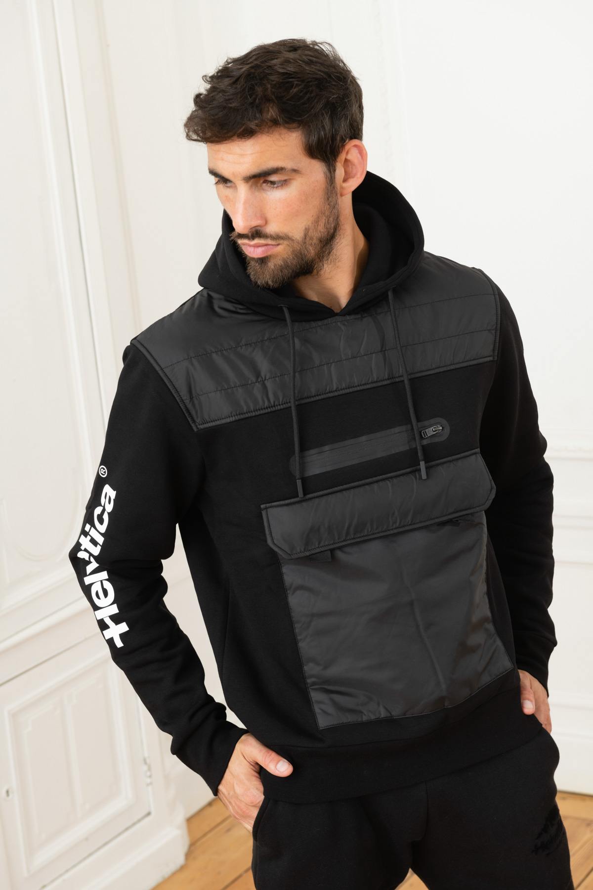 Bi-material sportswear hooded sweater - Image n°1