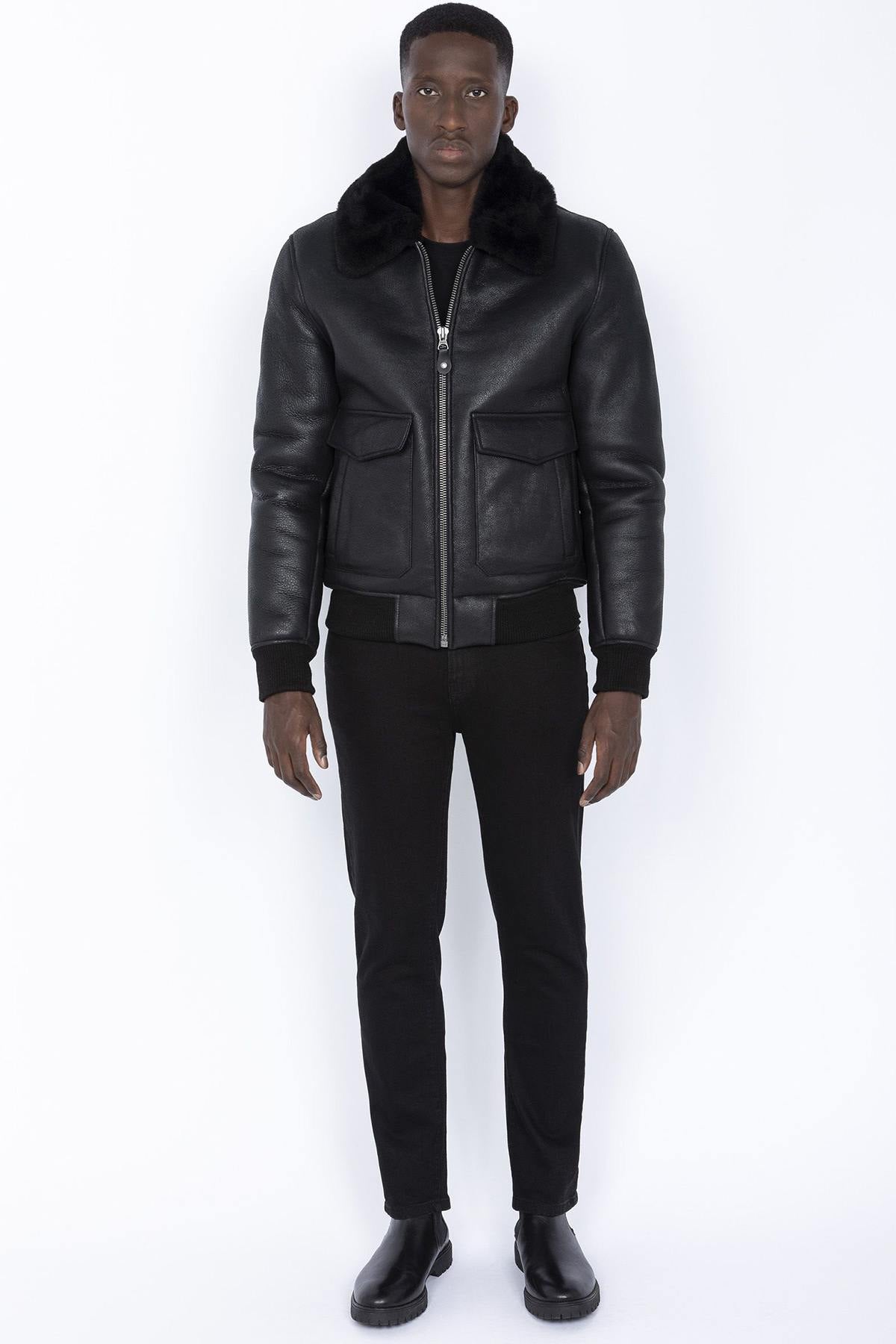 Black A-2 pilot jacket in double-faced sheepskin - Image n°4