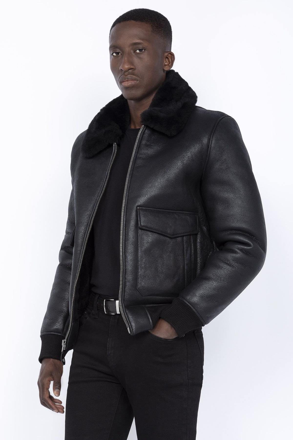 Black A-2 pilot jacket in double-faced sheepskin - Image n°1