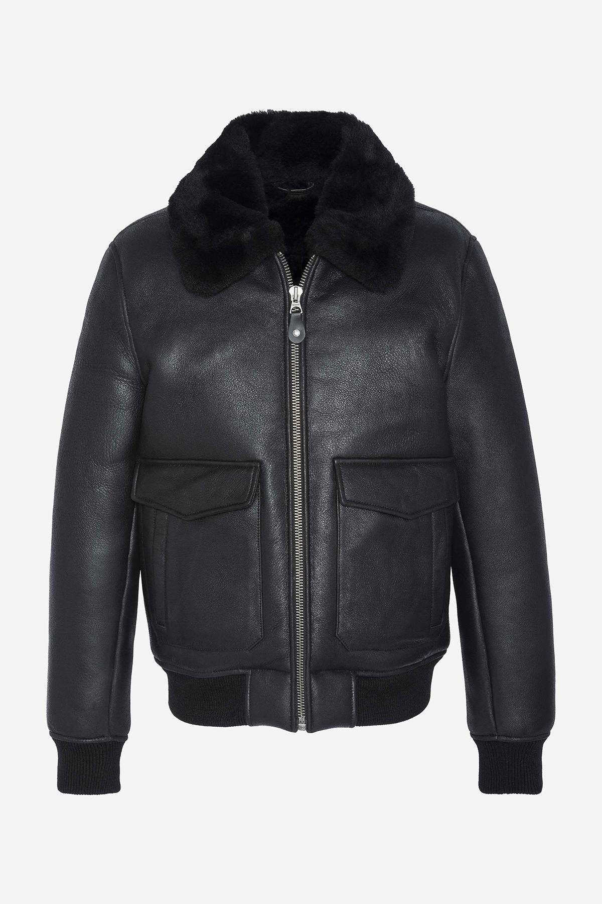 Black A-2 pilot jacket in double-faced sheepskin - Image n°6