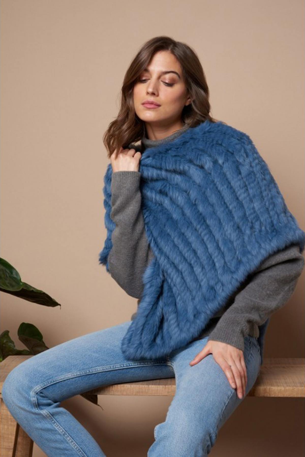 Denim blue rabbit fur poncho - Image n°1