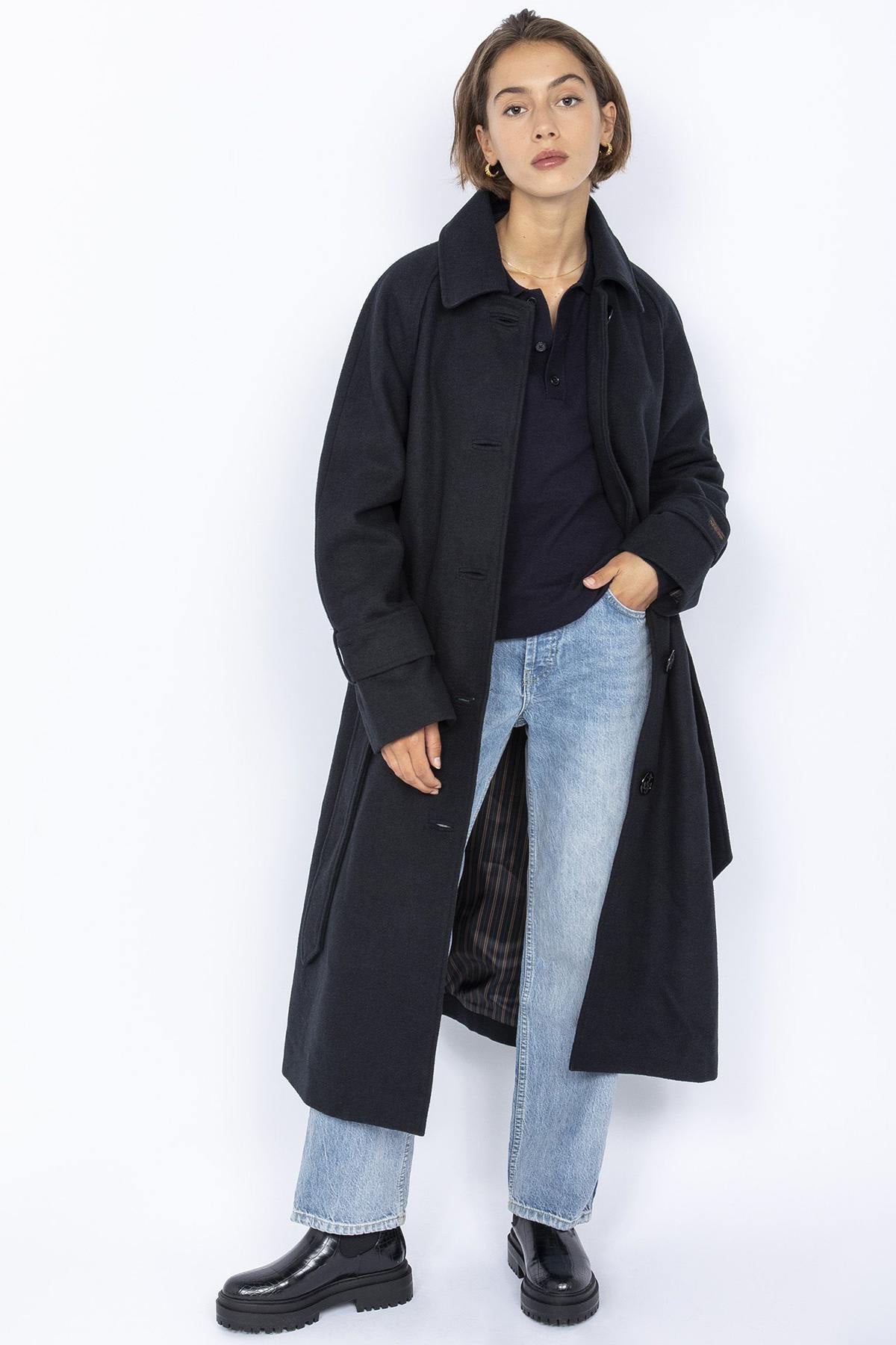 Long navy blue belted trench coat - Image n°1