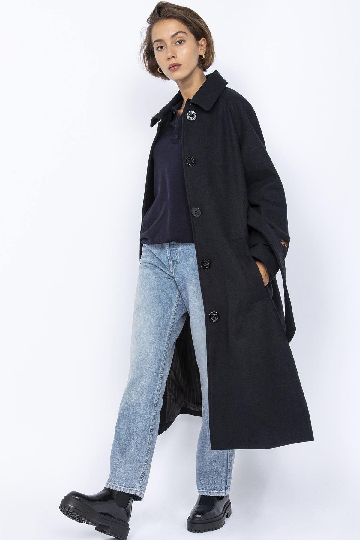 Long navy blue belted trench coat - Image n°4