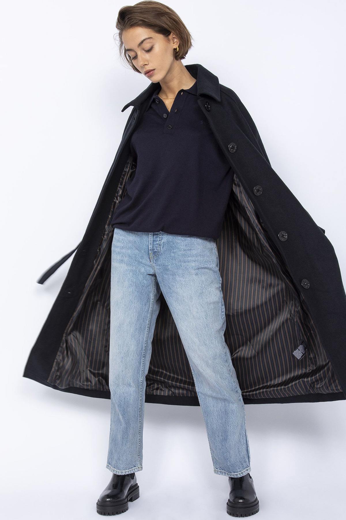 Long navy blue belted trench coat - Image n°5