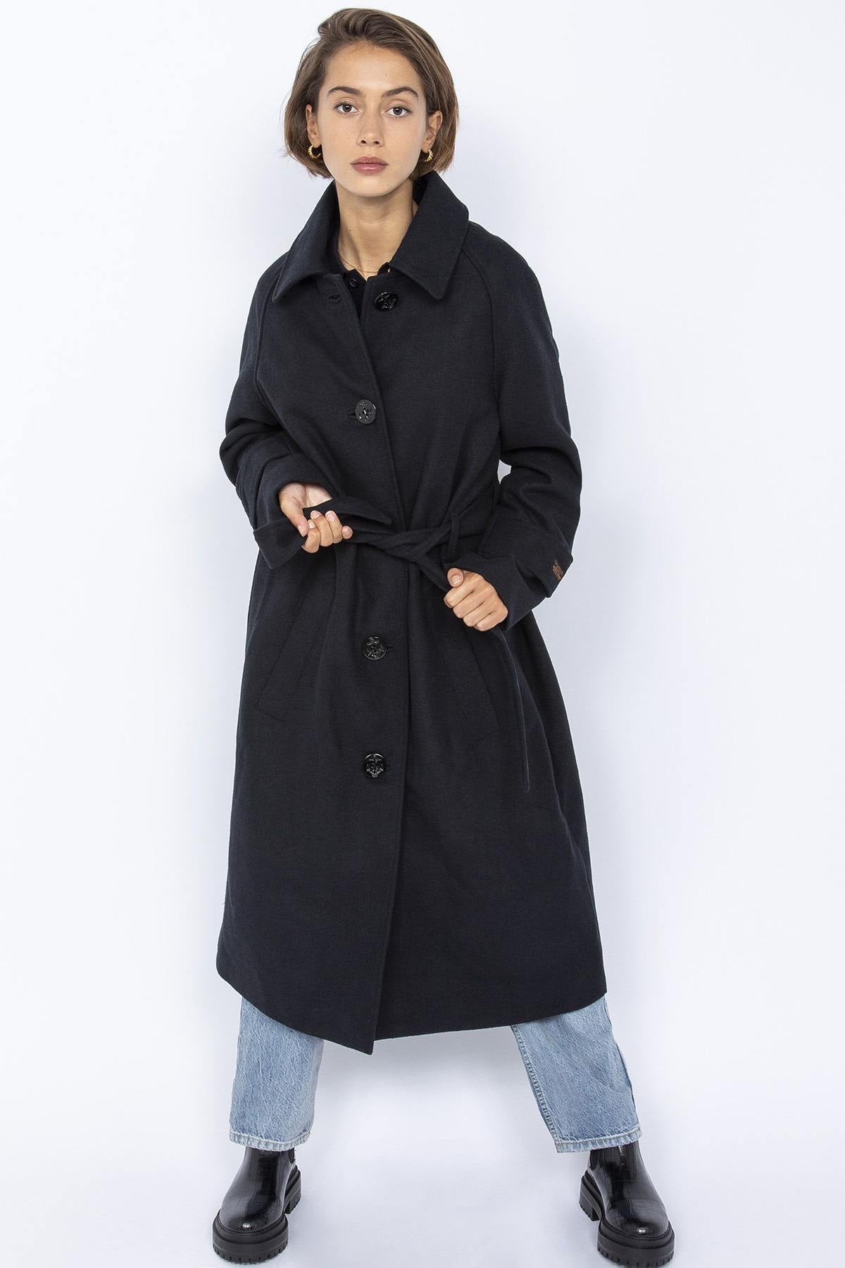 Long navy blue belted trench coat - Image n°2