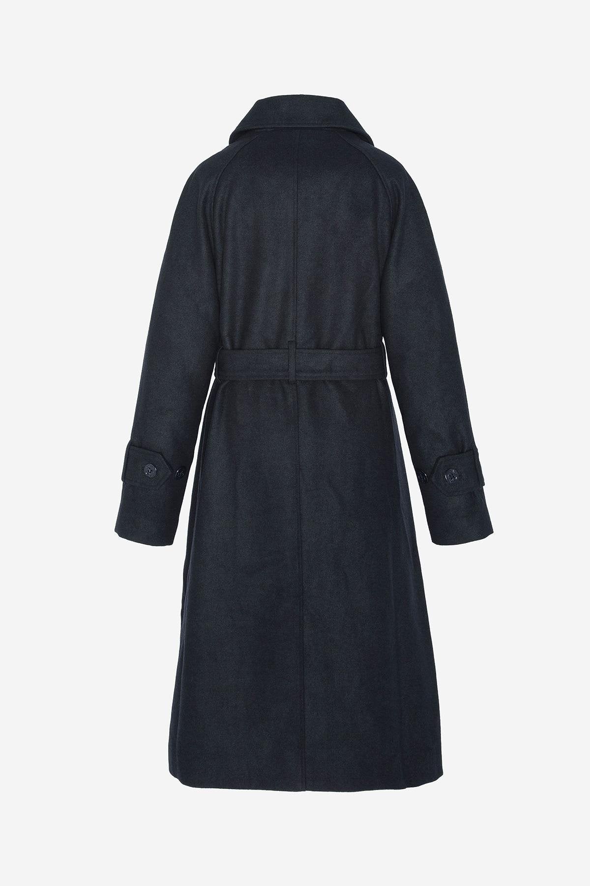 Long navy blue belted trench coat - Image n°9