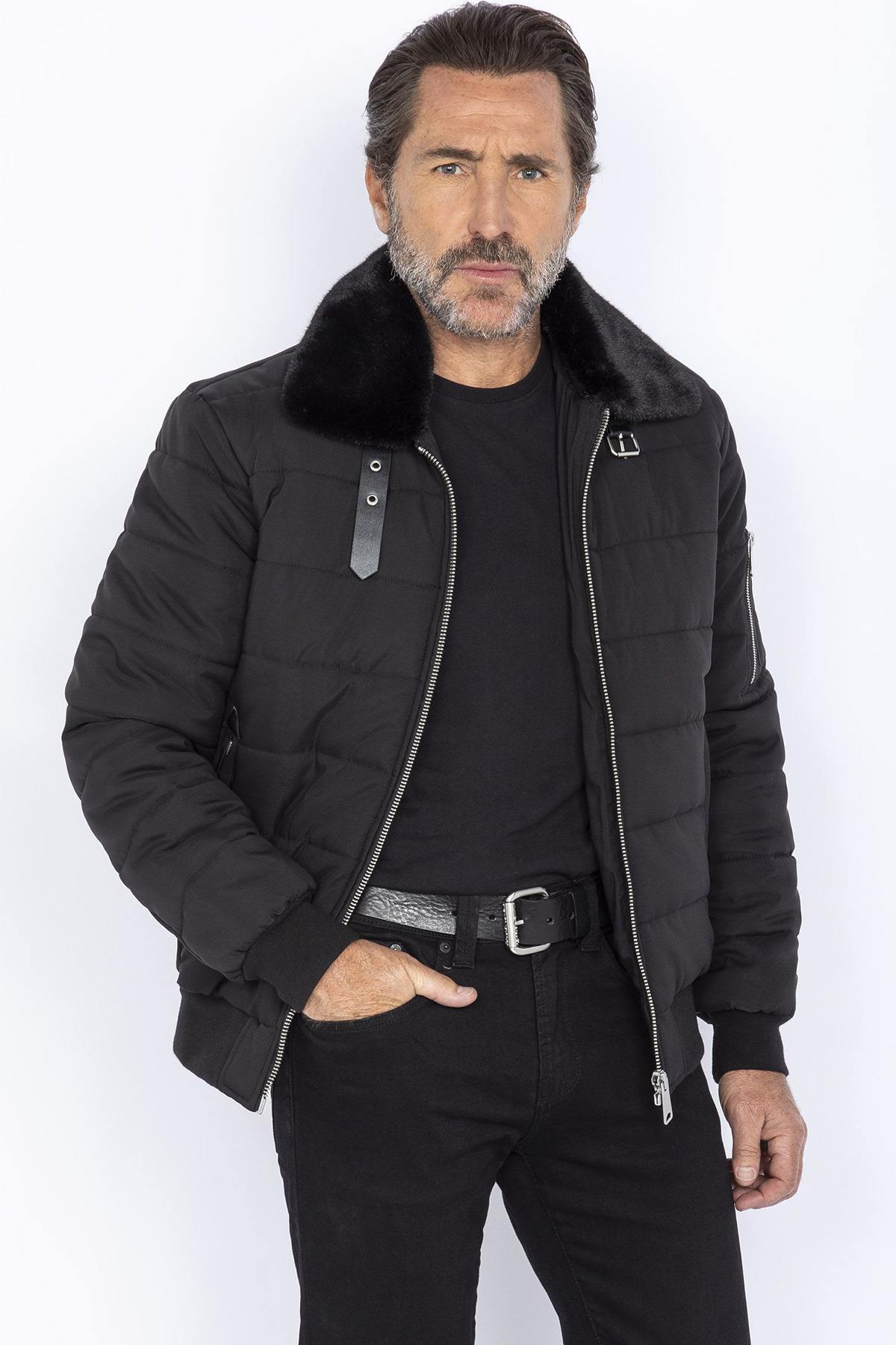 Textile pilot jacket with removable fur-lined collar - Image n°1