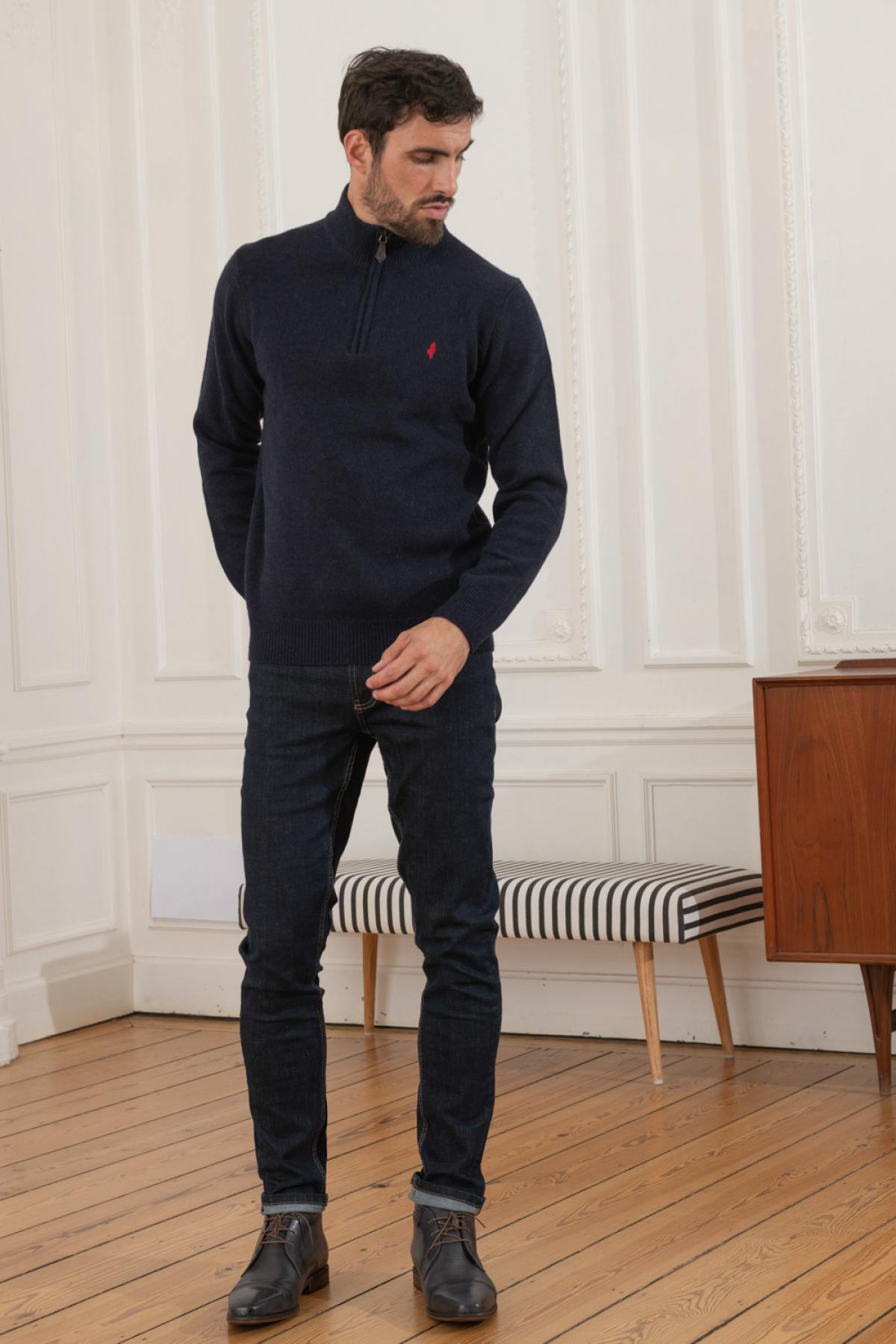 Navy blue trucker neck sweater - Image n°3