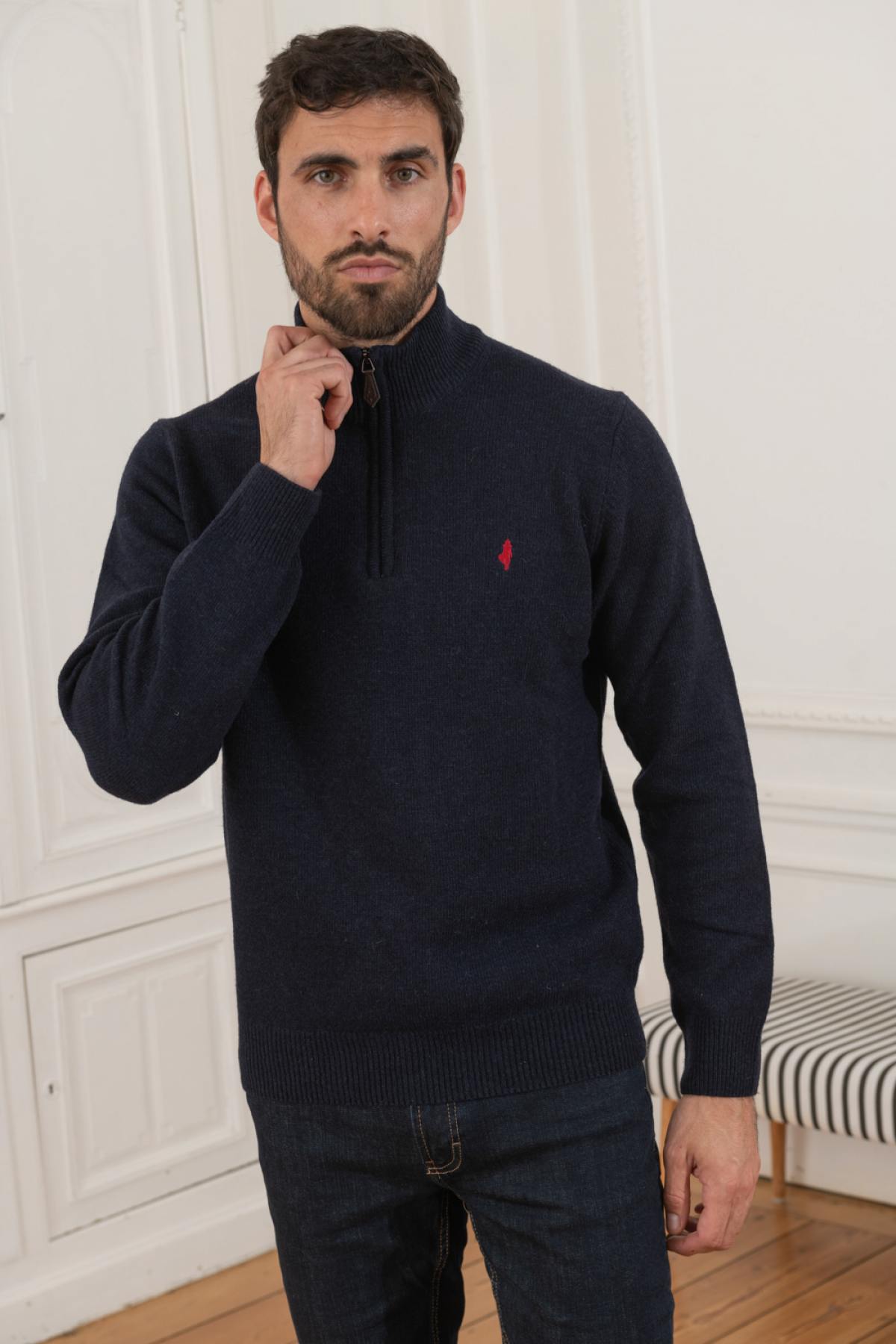 Navy blue trucker neck sweater - Image n°4