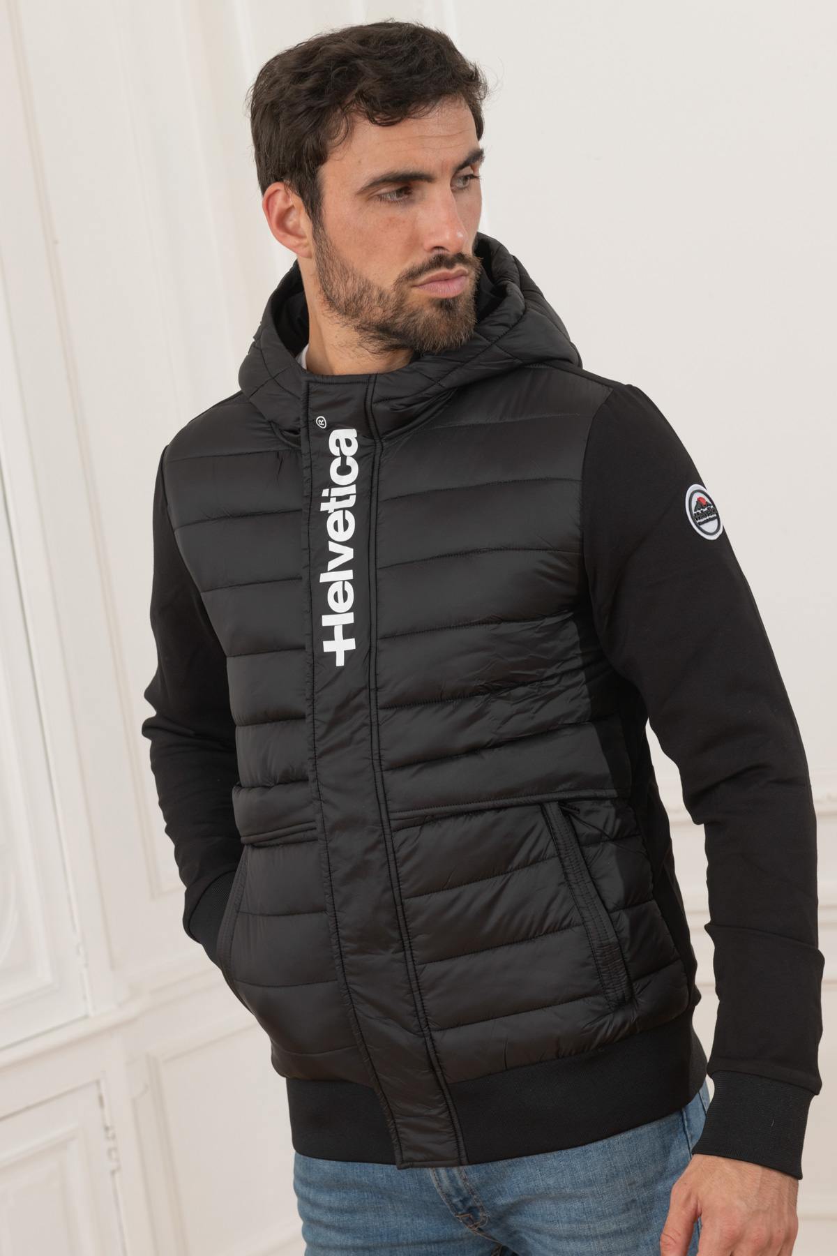 Black bi-material quilted jacket - Image n°1