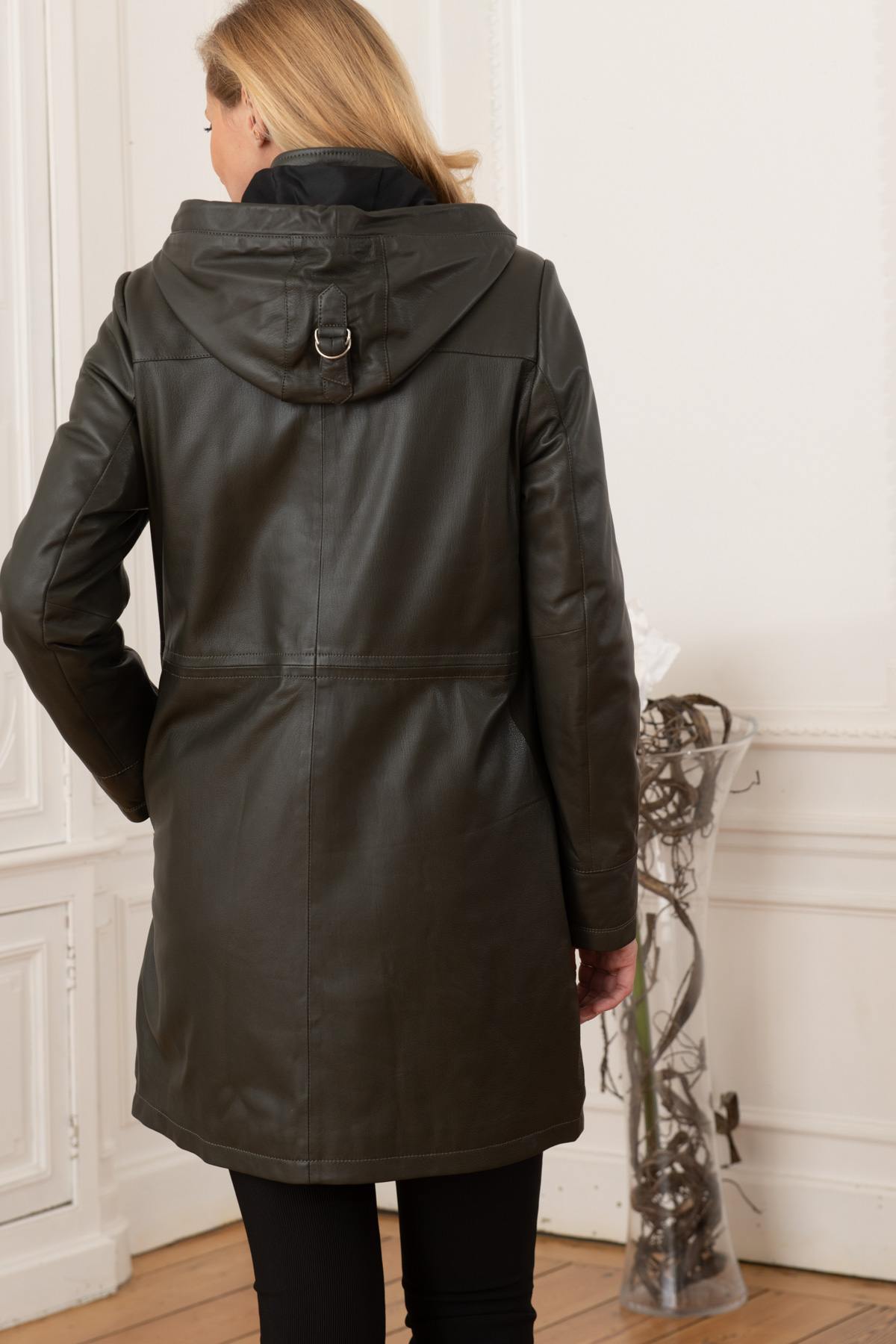 Khaki leather hooded coat - Image n°7