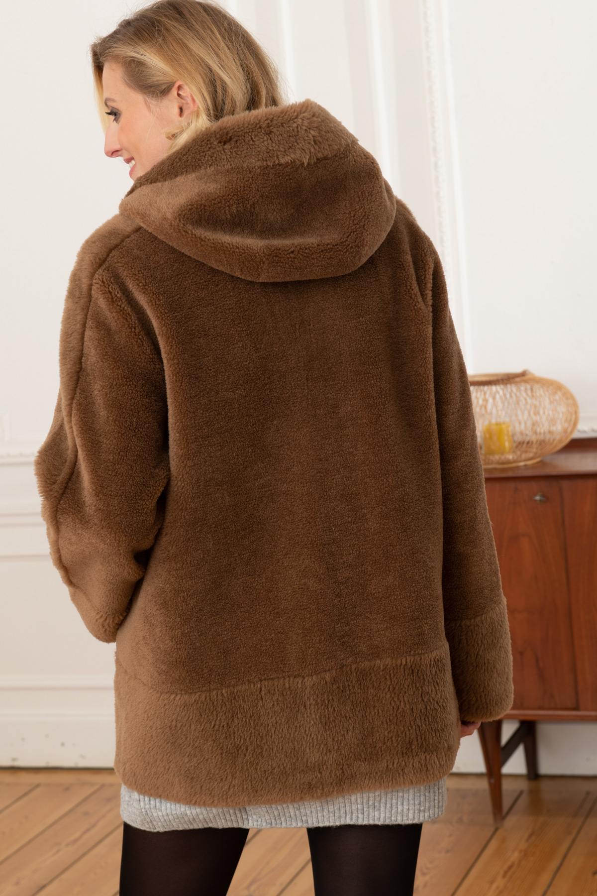 Cognac faux fur hooded coat - Image n°7