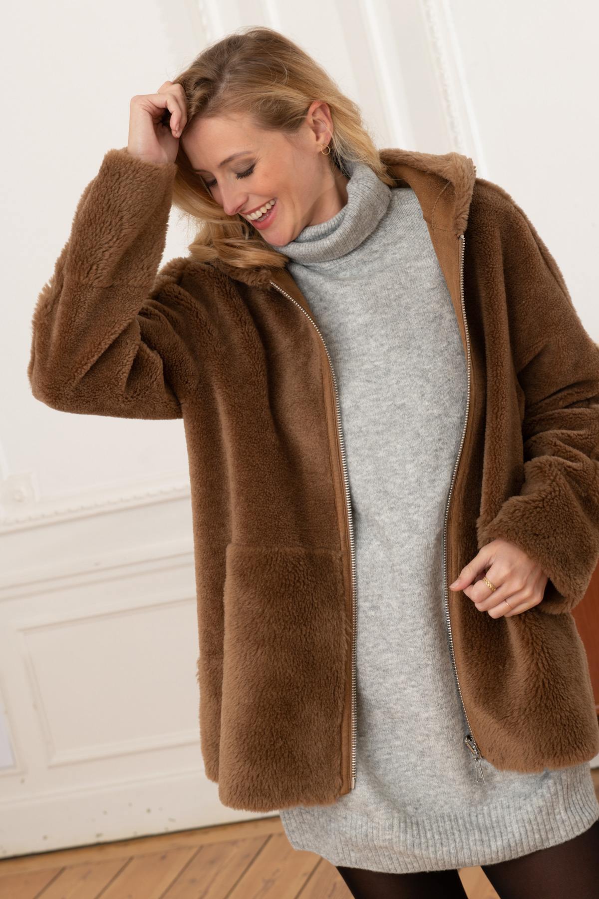 Cognac faux fur hooded coat - Image n°10