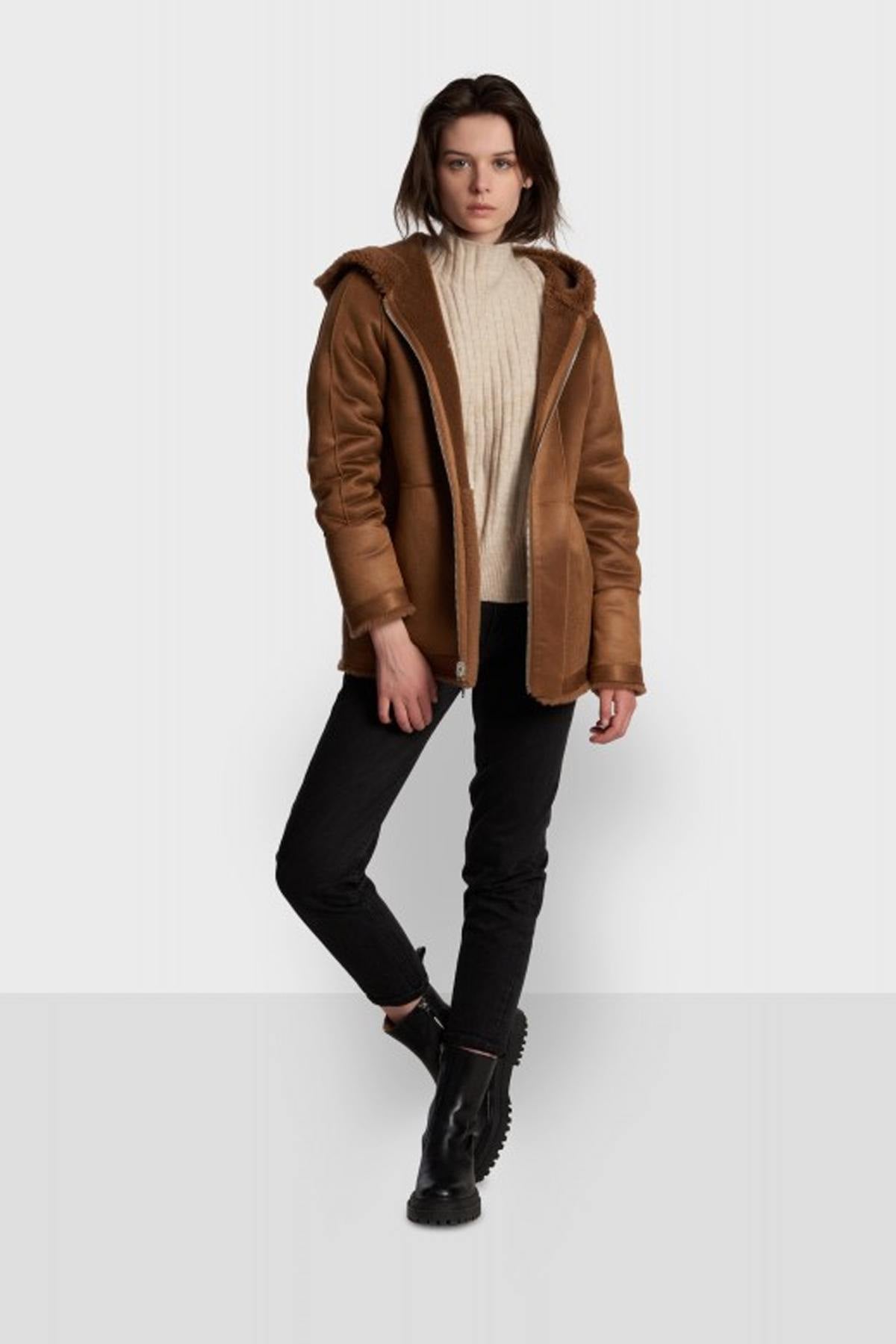 Cognac faux fur hooded coat - Image n°4