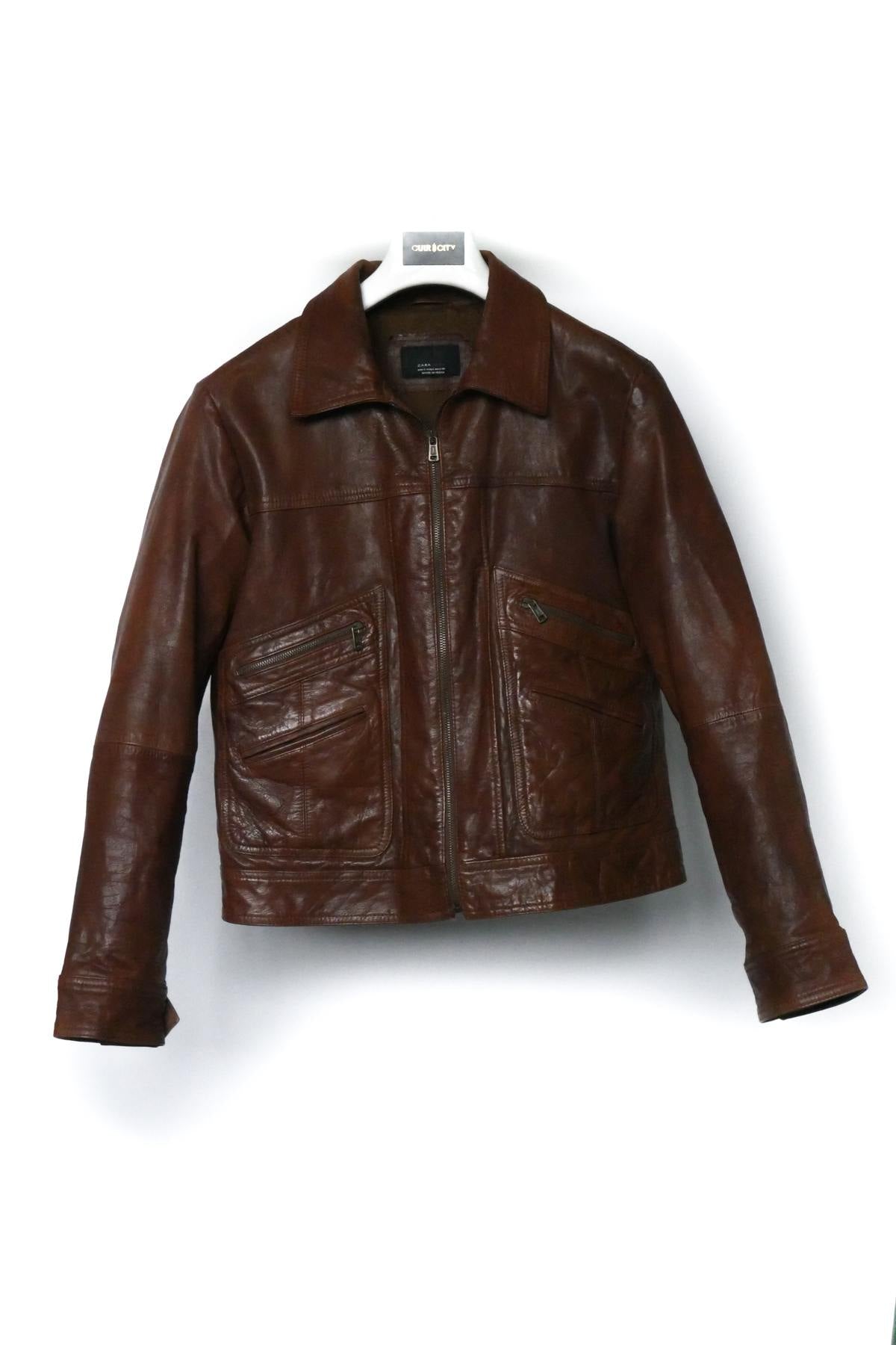 Zara men's brown leather jacket - Image n°1