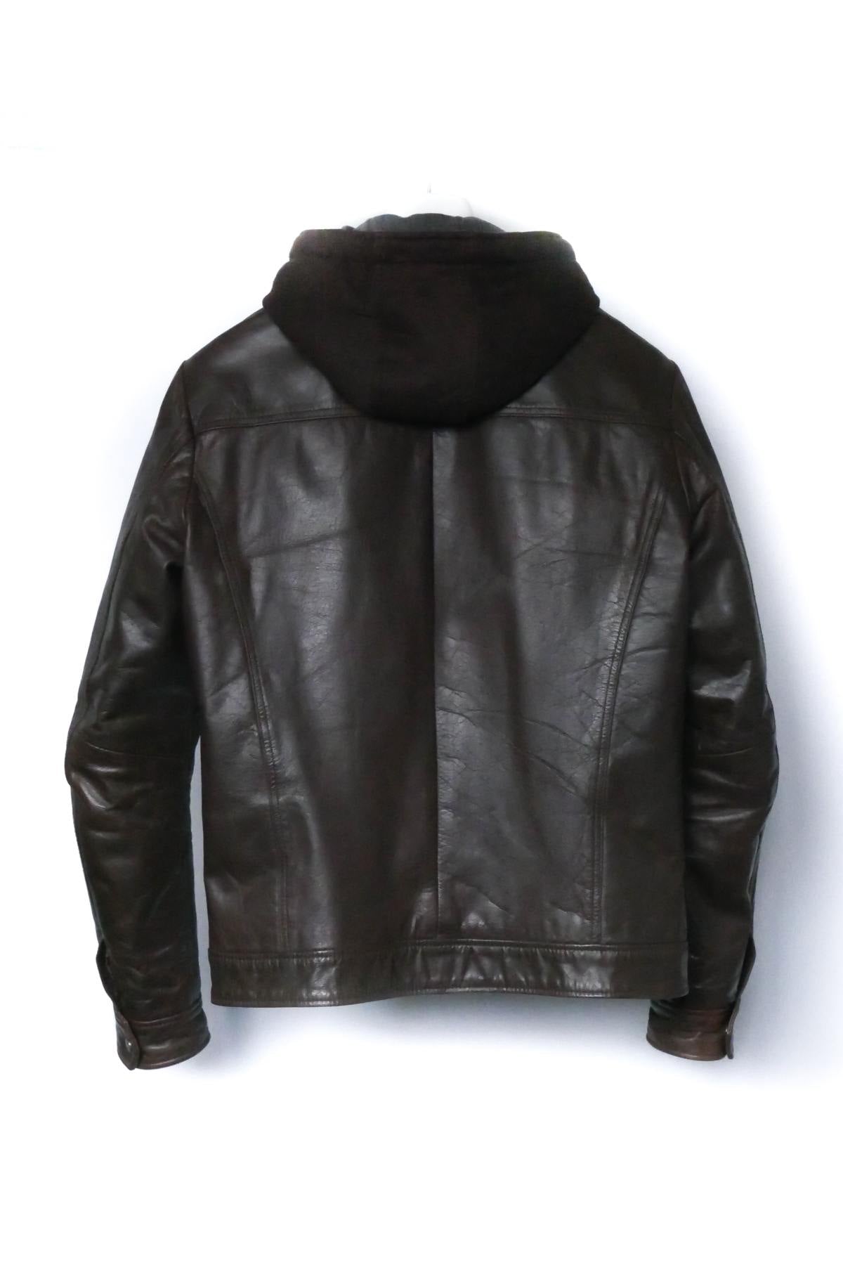 Men's brown hooded leather jacket - Image n°2