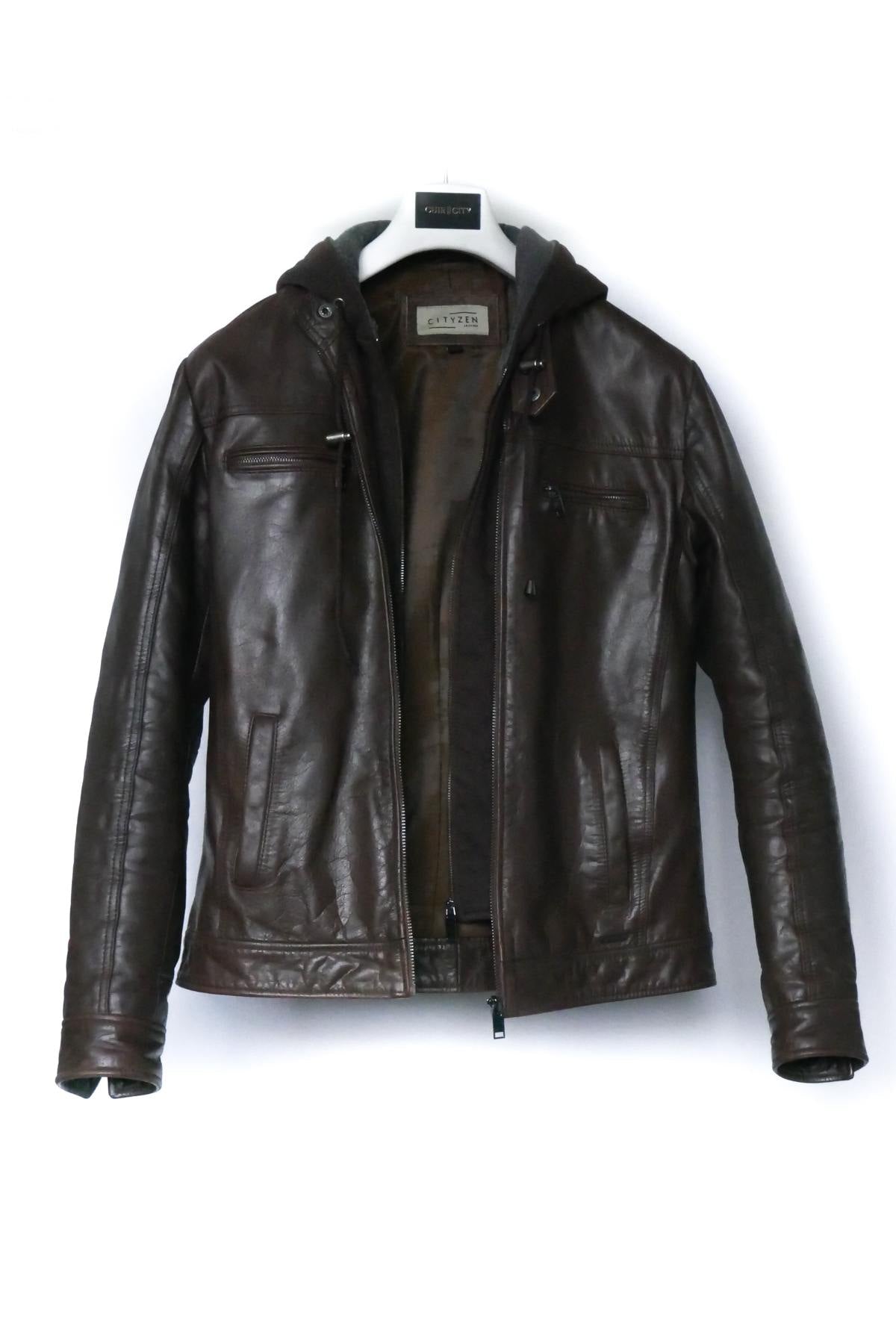 Men's brown hooded leather jacket - Image n°3