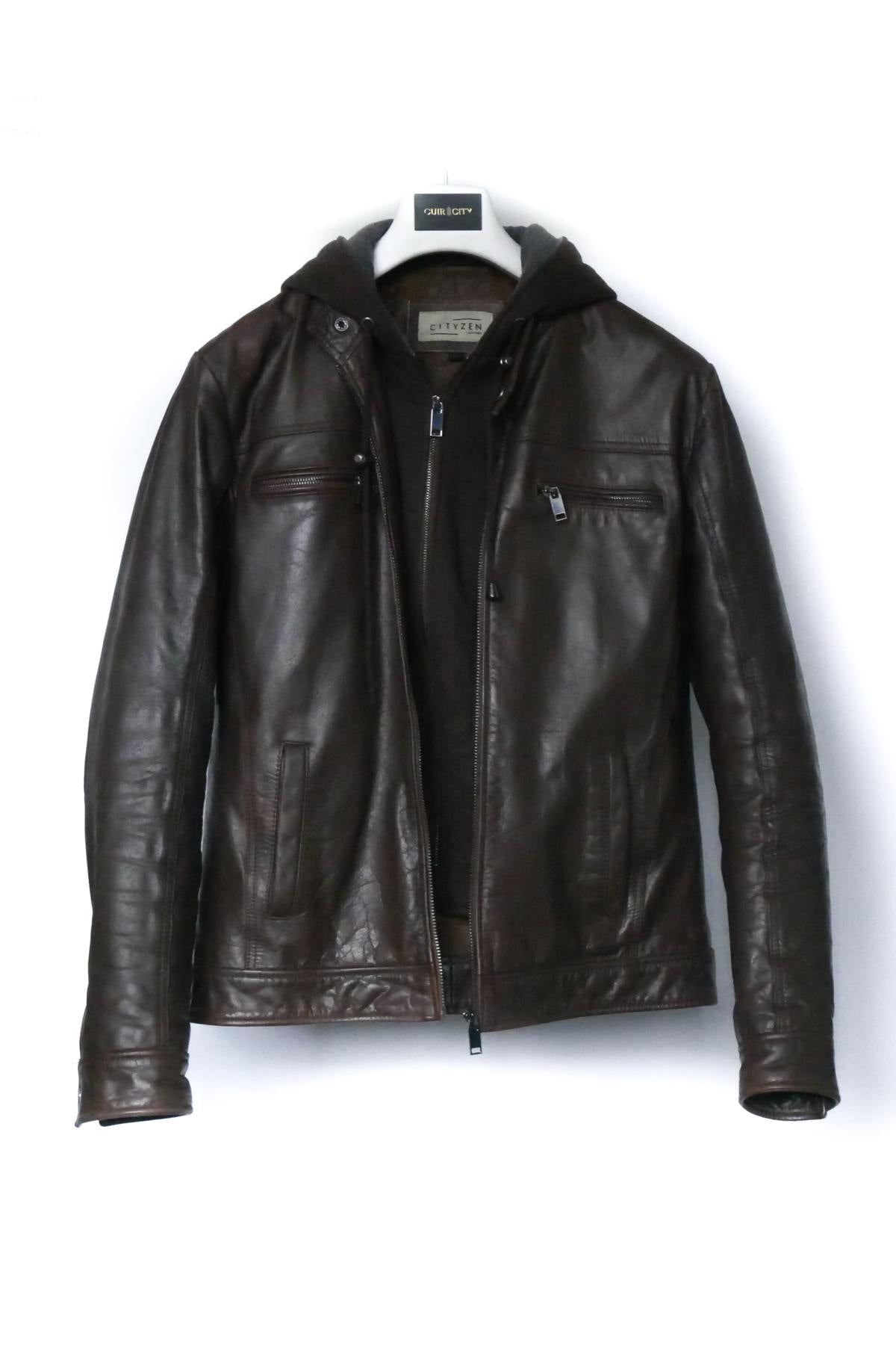 Men's brown hooded leather jacket - Image n°1