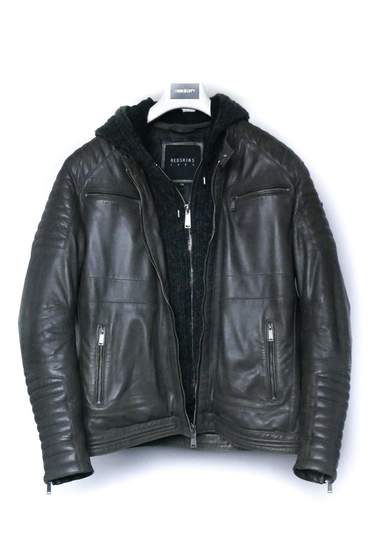 Men's leather jacket with wool facing and hood - Image n°1