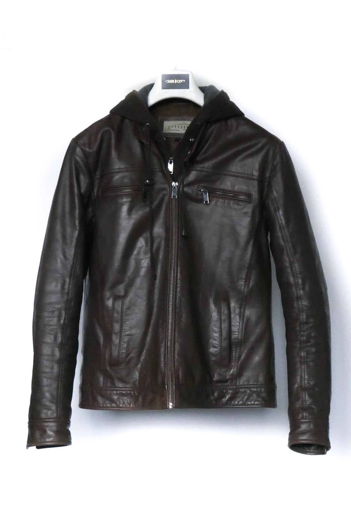 Men's brown hooded leather jacket - Image n°4