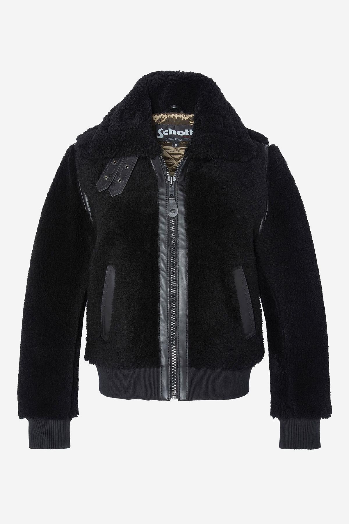 Women's black bomber jacket in shearling and leather details - Image n°5