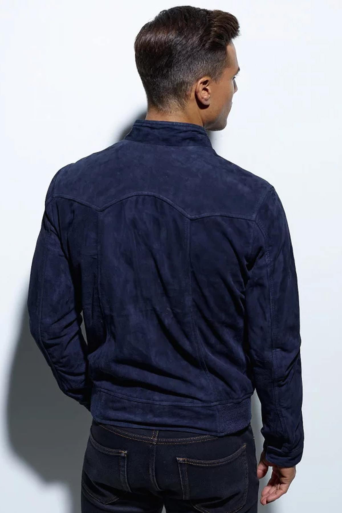 Bomber style jacket in blue suede leather - Image n°2