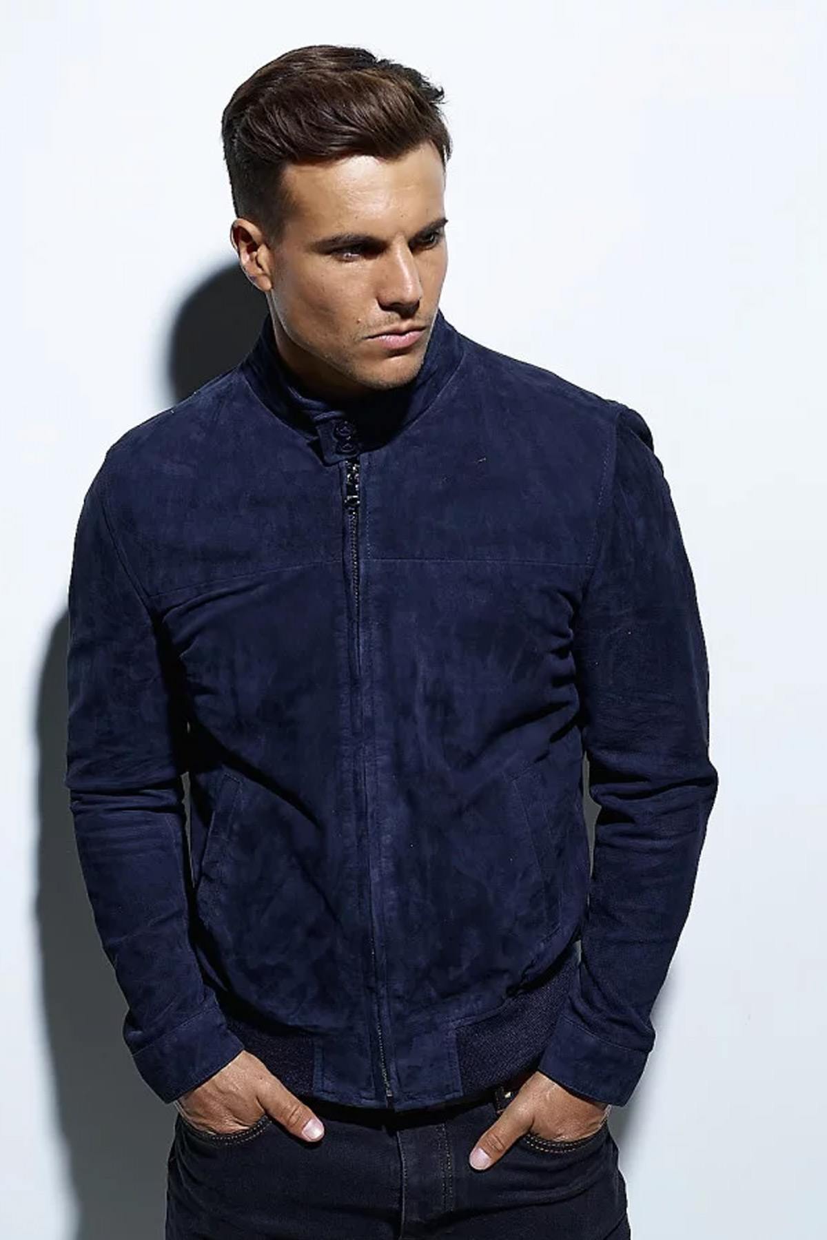 Bomber style jacket in blue suede leather - Image n°4