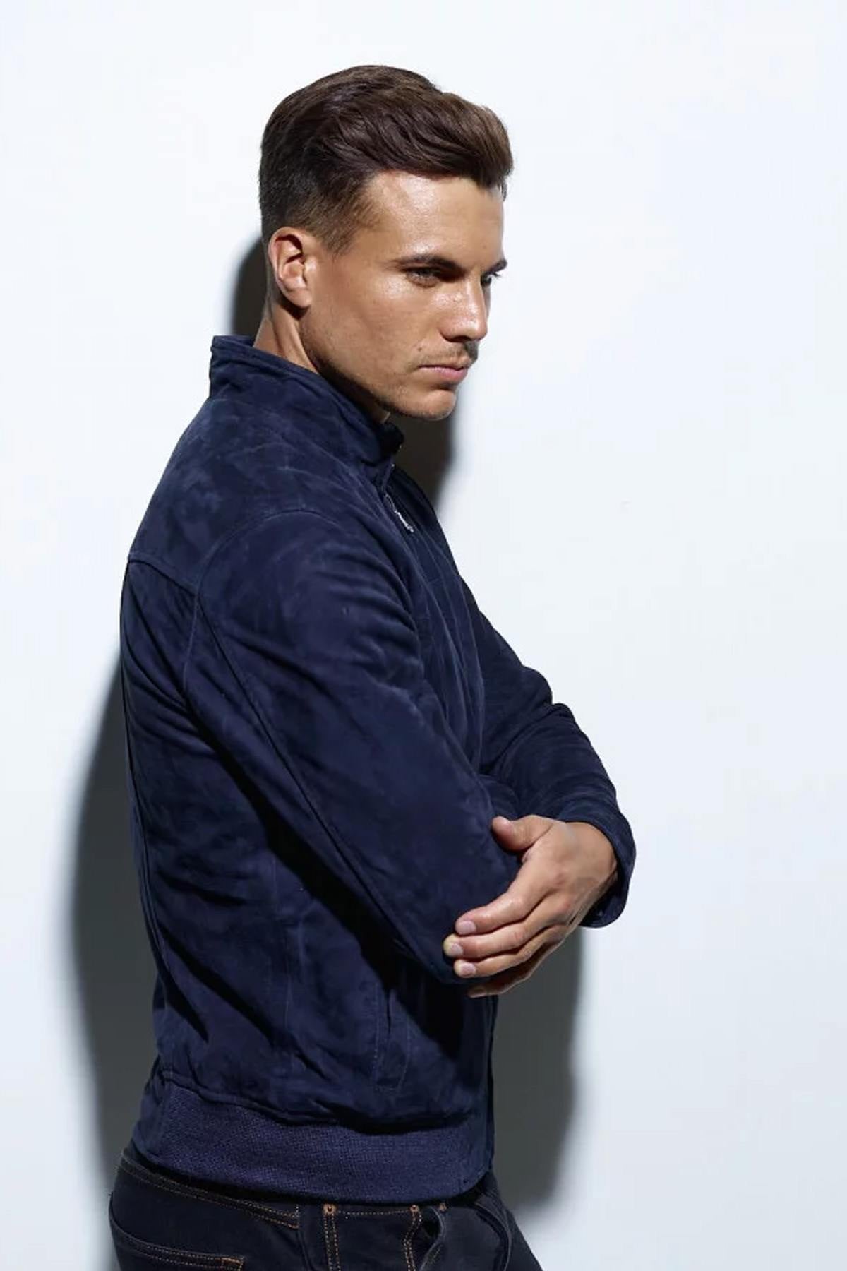 Bomber style jacket in blue suede leather - Image n°3