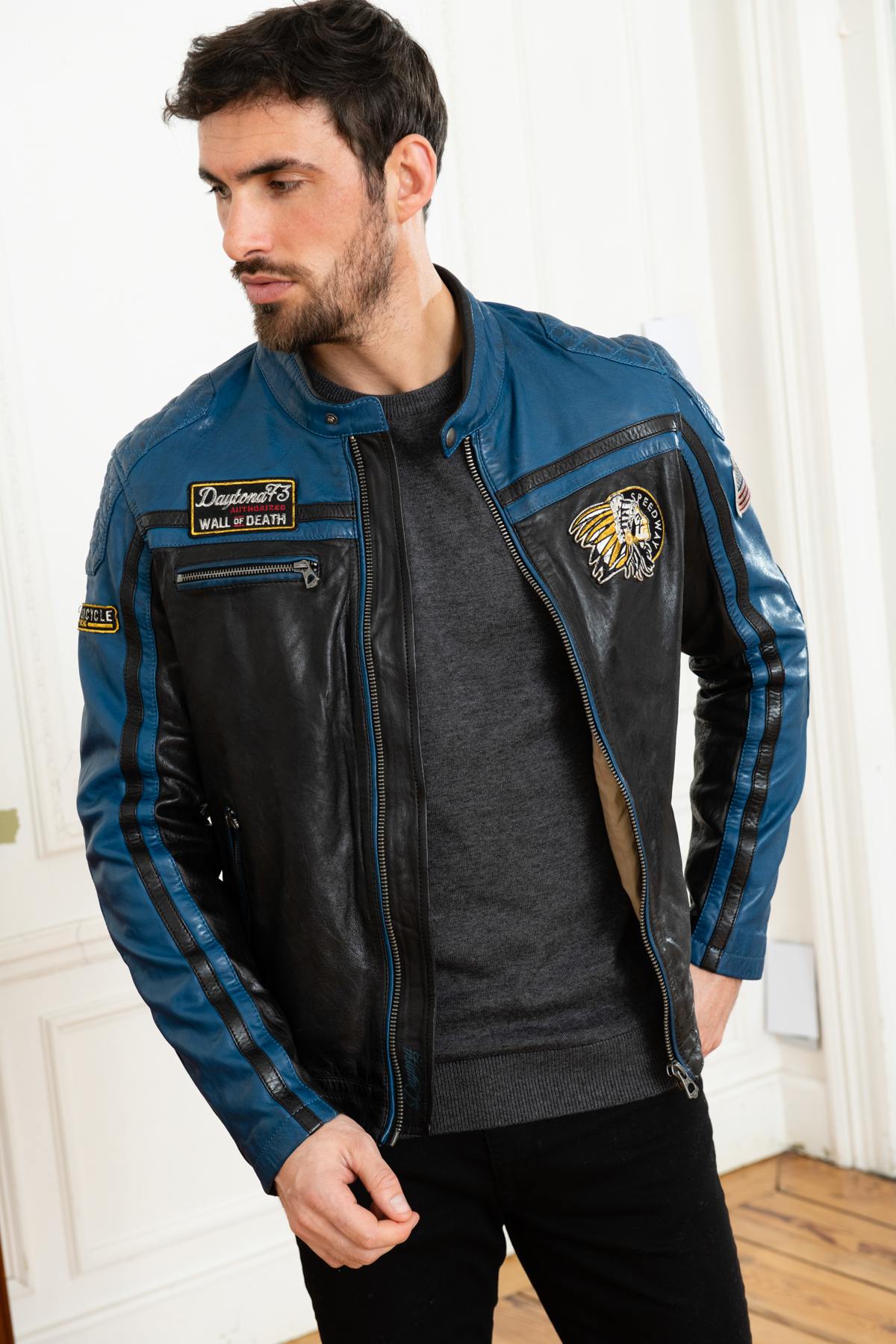 Blue and black biker style jacket - Image n°3