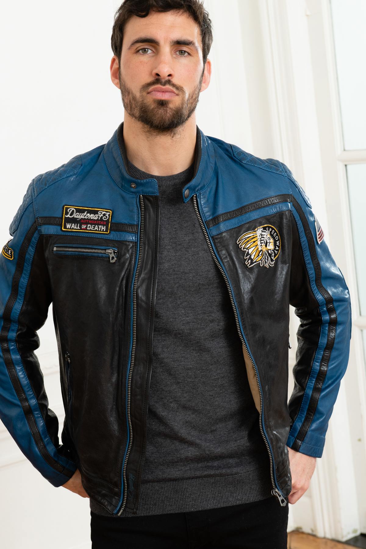 Blue and black biker style jacket - Image n°6