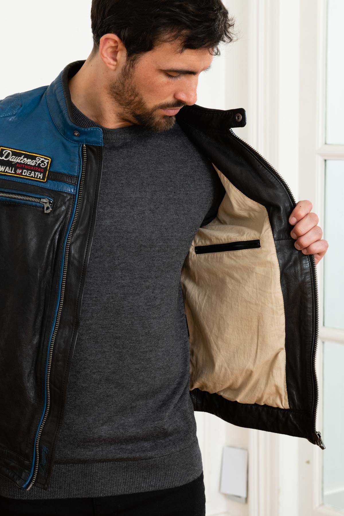 Blue and black biker style jacket - Image n°4