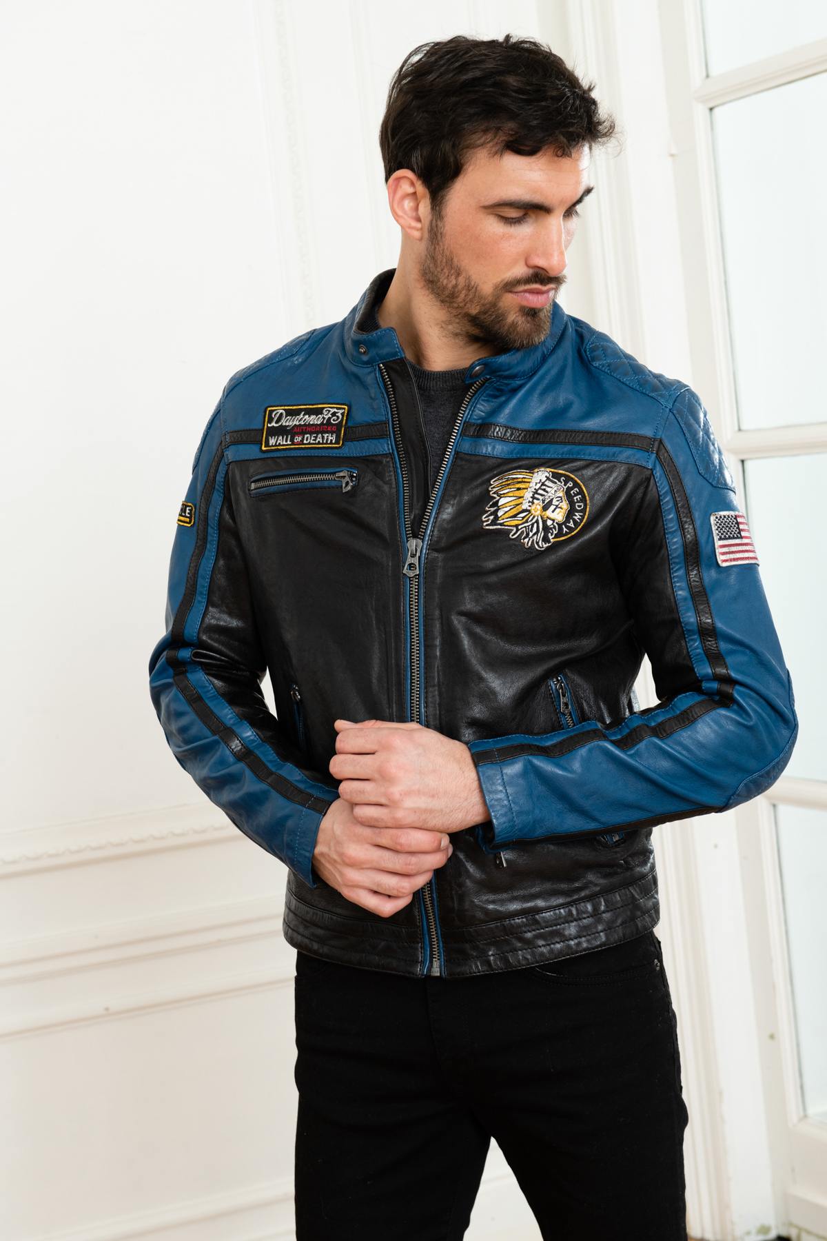 Blue and black biker style jacket - Image n°1