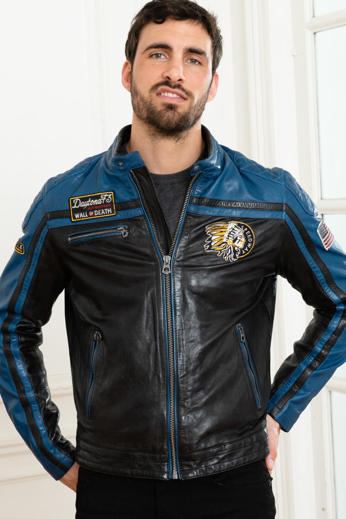 Blue and black biker style jacket - Image n°7