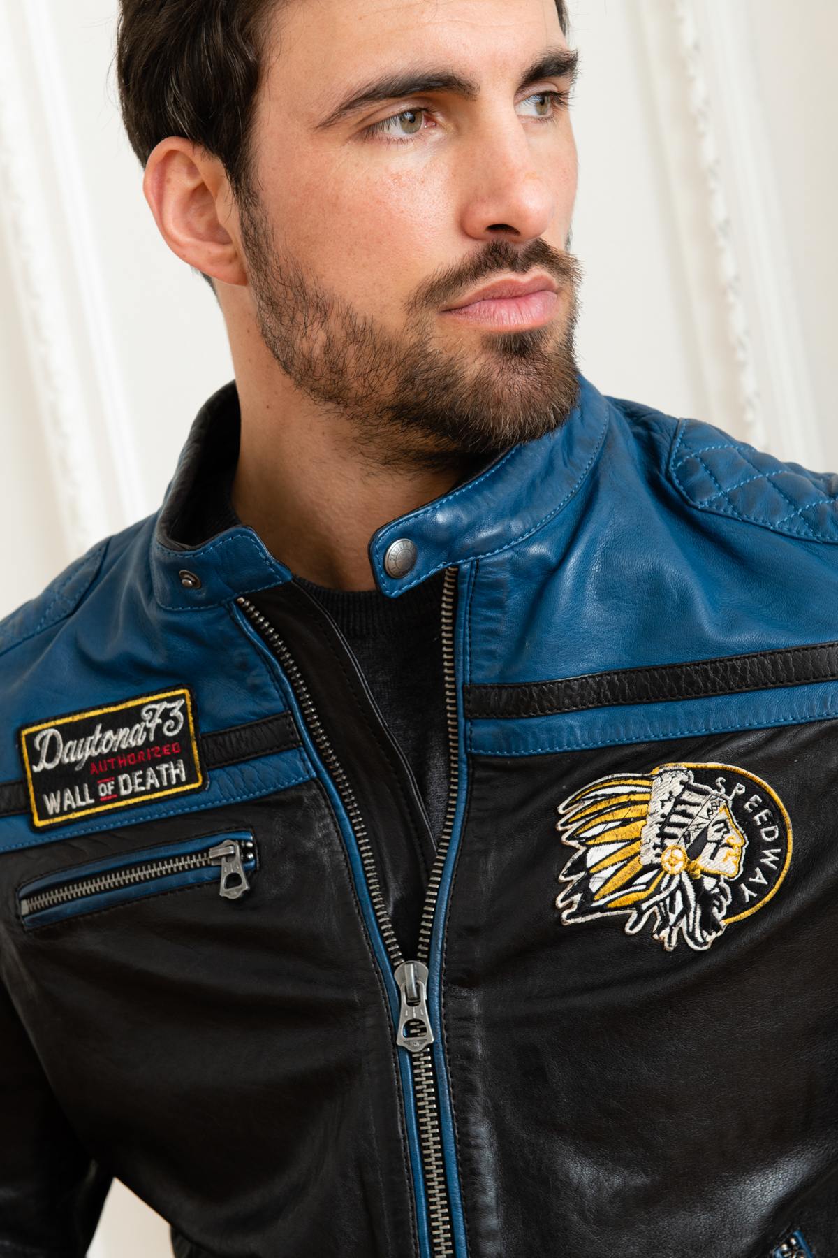 Blue and black biker style jacket - Image n°8